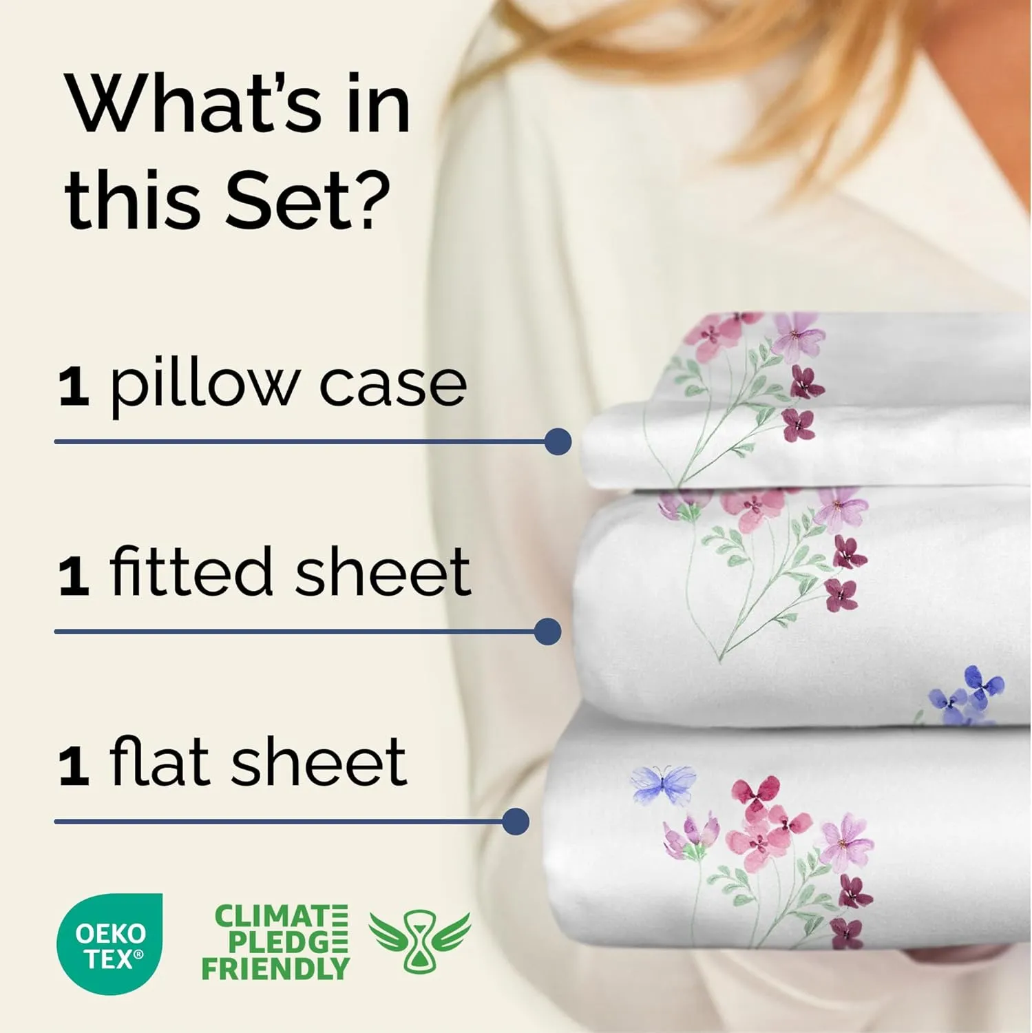 Butterfly Floral Sheets 3 Piece Twin Set – 1 Flat & 1 Fitted Sheet & 1 Pillowcase w/ Deep Pockets – Wrinkle & Fade Free Boho Botanical Flower Bed Set - Comfy, Ultra-Soft, Breathable and Cooling - Posy