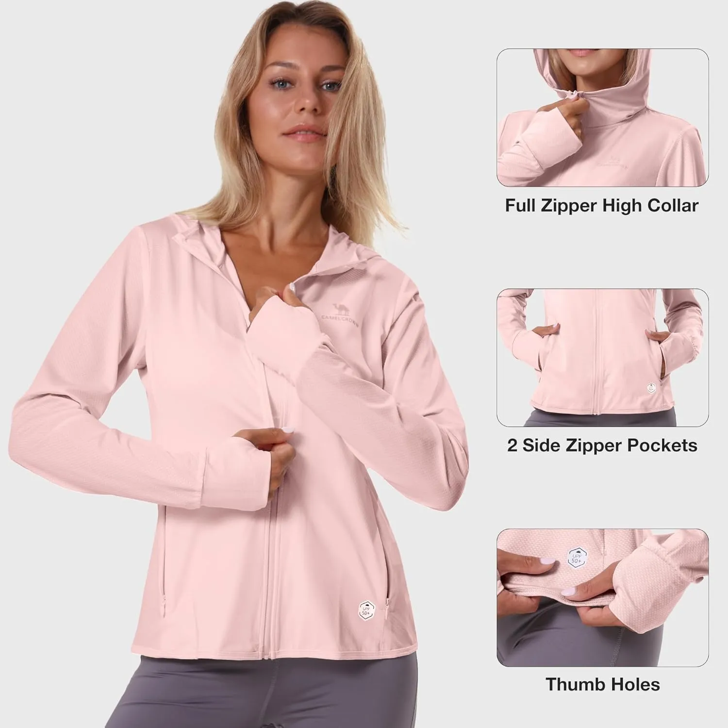CAMELSPORTS Women UPF 50  Athletic Jacket Sun Protection Long Sleeve Hiking Shirts Lightweight Outdoor Hoodie with Pocket