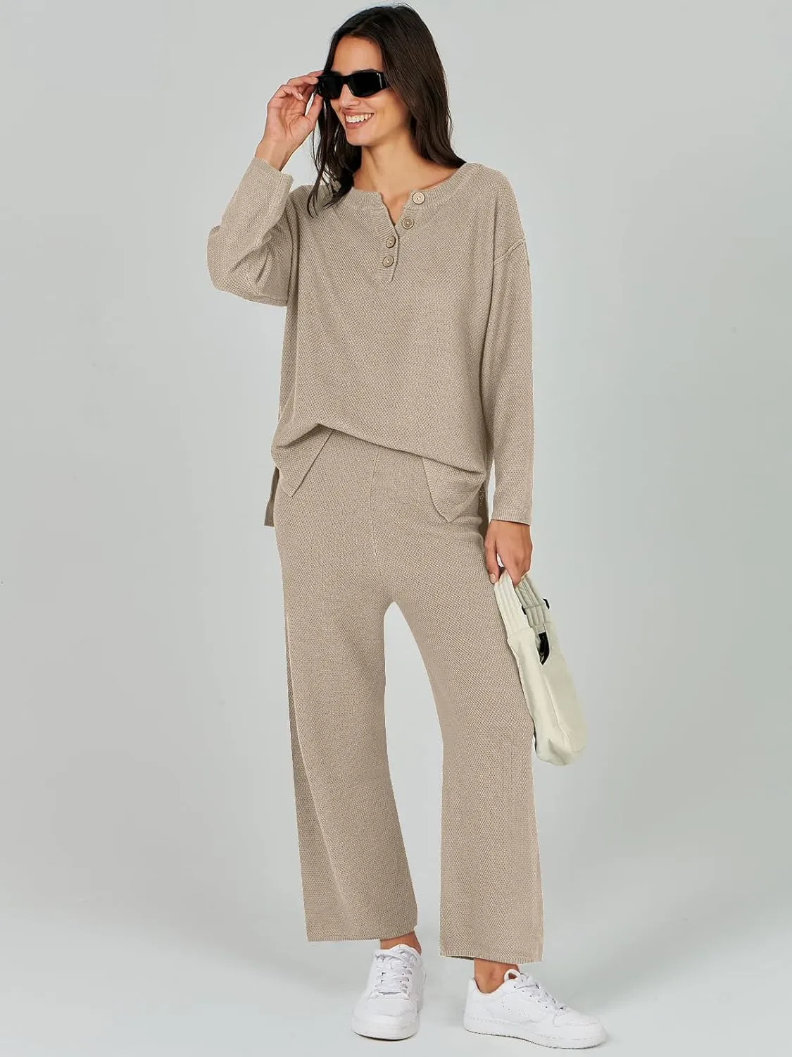 Caracilia Women Oversized Lounge Sets Waffle Knit Casual 2 Piece Outfit Matching Loose Sweater Set 2024 Travel Comfy Clothing