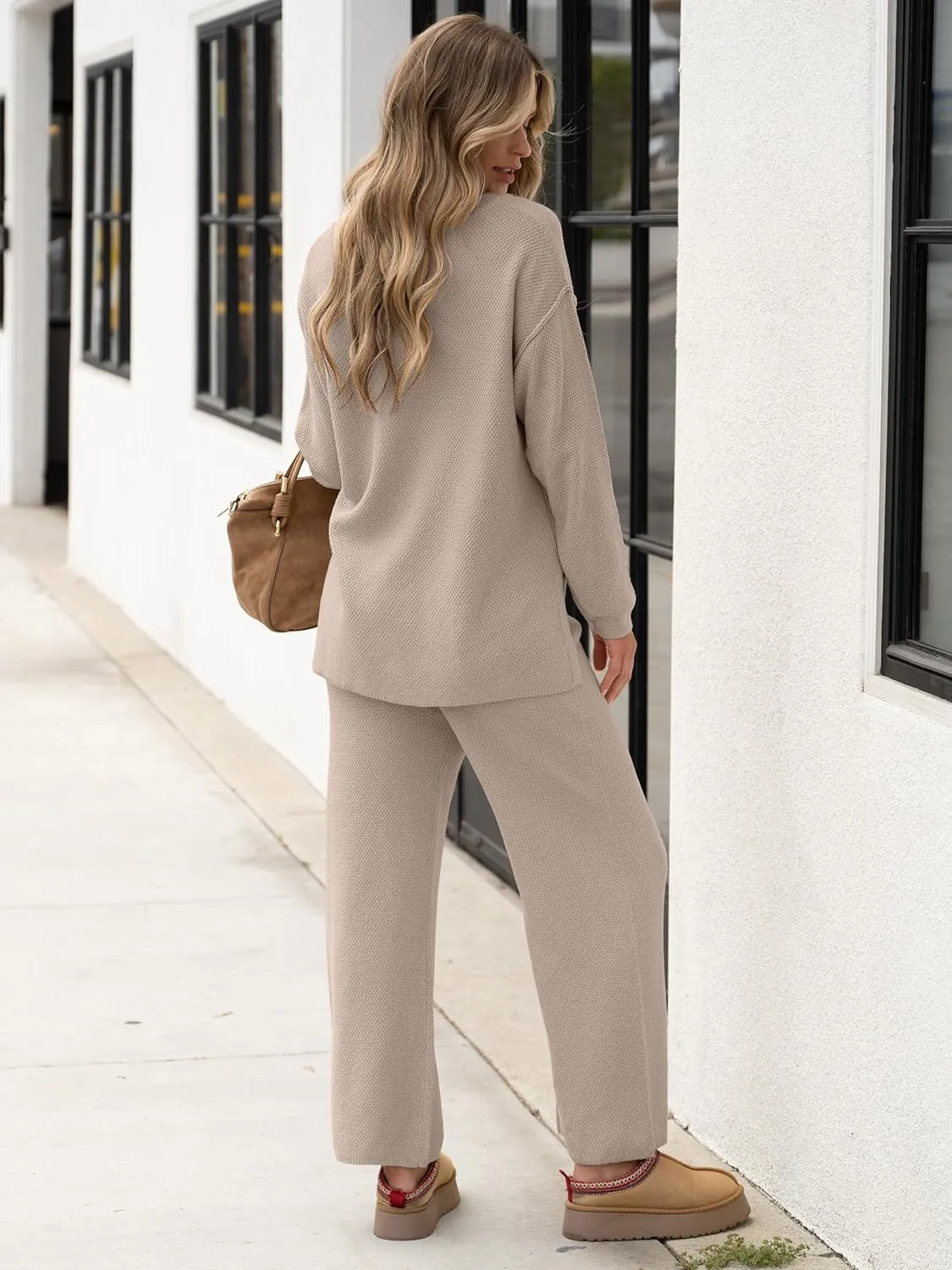 Caracilia Women Oversized Lounge Sets Waffle Knit Casual 2 Piece Outfit Matching Loose Sweater Set 2024 Travel Comfy Clothing
