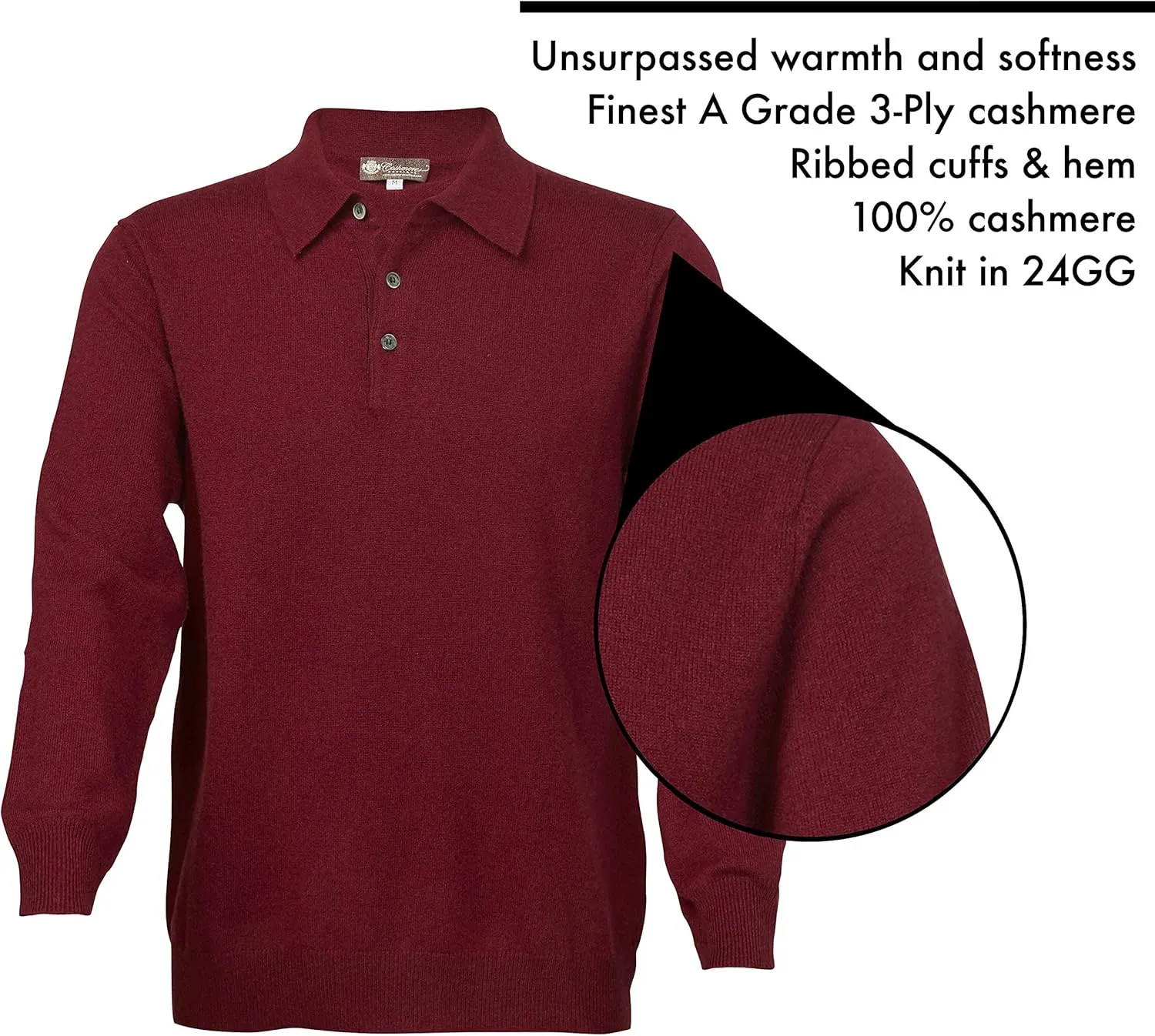 Cashmere Boutique 100% Pure Cashmere Polo Pullover Sweater for Men – Polo Neck, Long Sleeve, Lightweight, Soft & Warm Sweater