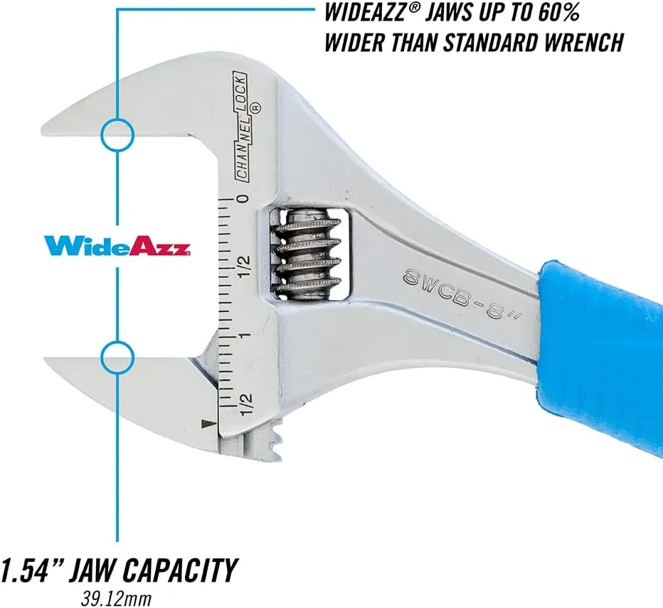 Channellock 8WCB 8-Inch WideAzz Adjustable Wrench|1.5-Inch Wide Jaw Opening|Precise Jaw Design Grips Tight-Even in Tight Spaces|Measurement Scales Engraved on the Tool|CODE BLUE Comfort Grip