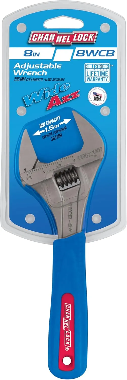 Channellock 8WCB 8-Inch WideAzz Adjustable Wrench|1.5-Inch Wide Jaw Opening|Precise Jaw Design Grips Tight-Even in Tight Spaces|Measurement Scales Engraved on the Tool|CODE BLUE Comfort Grip
