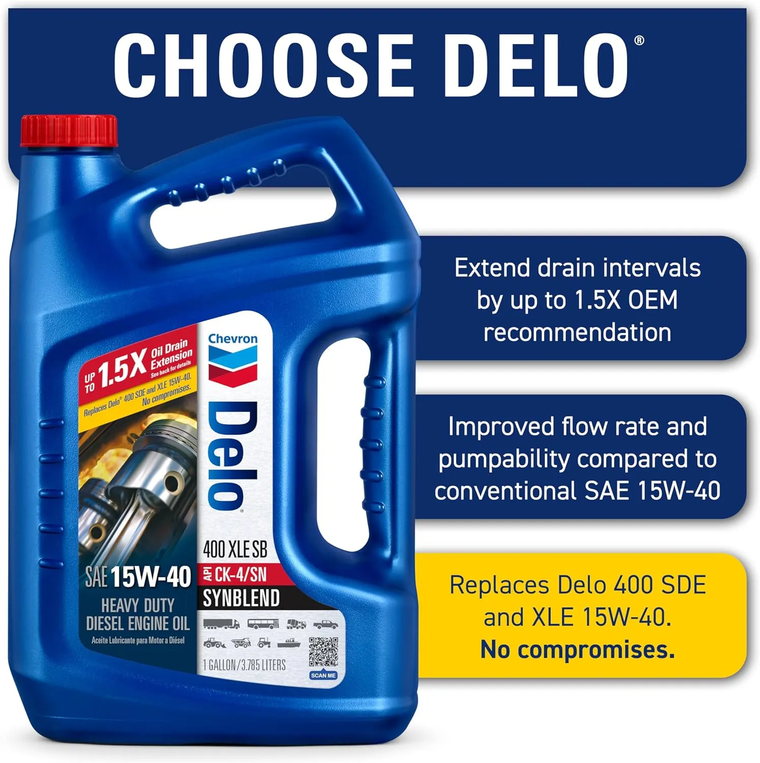 Chevron Delo 400 XLE SAE Synblend Synthetic Blend Oil 15W40, 1 Gallon, Case of 3