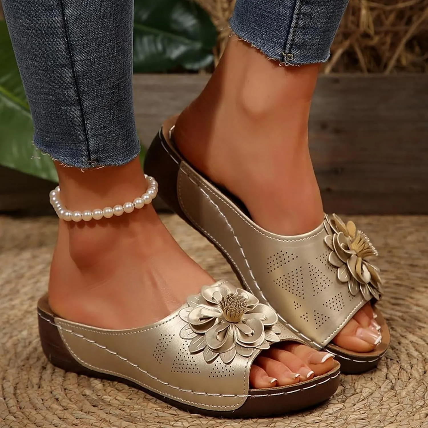 Chic Flowers Orthopedic Sandals for Women Arch Support Fish Mouth Open Toe Leather Slippers Wedge Platform Sandal