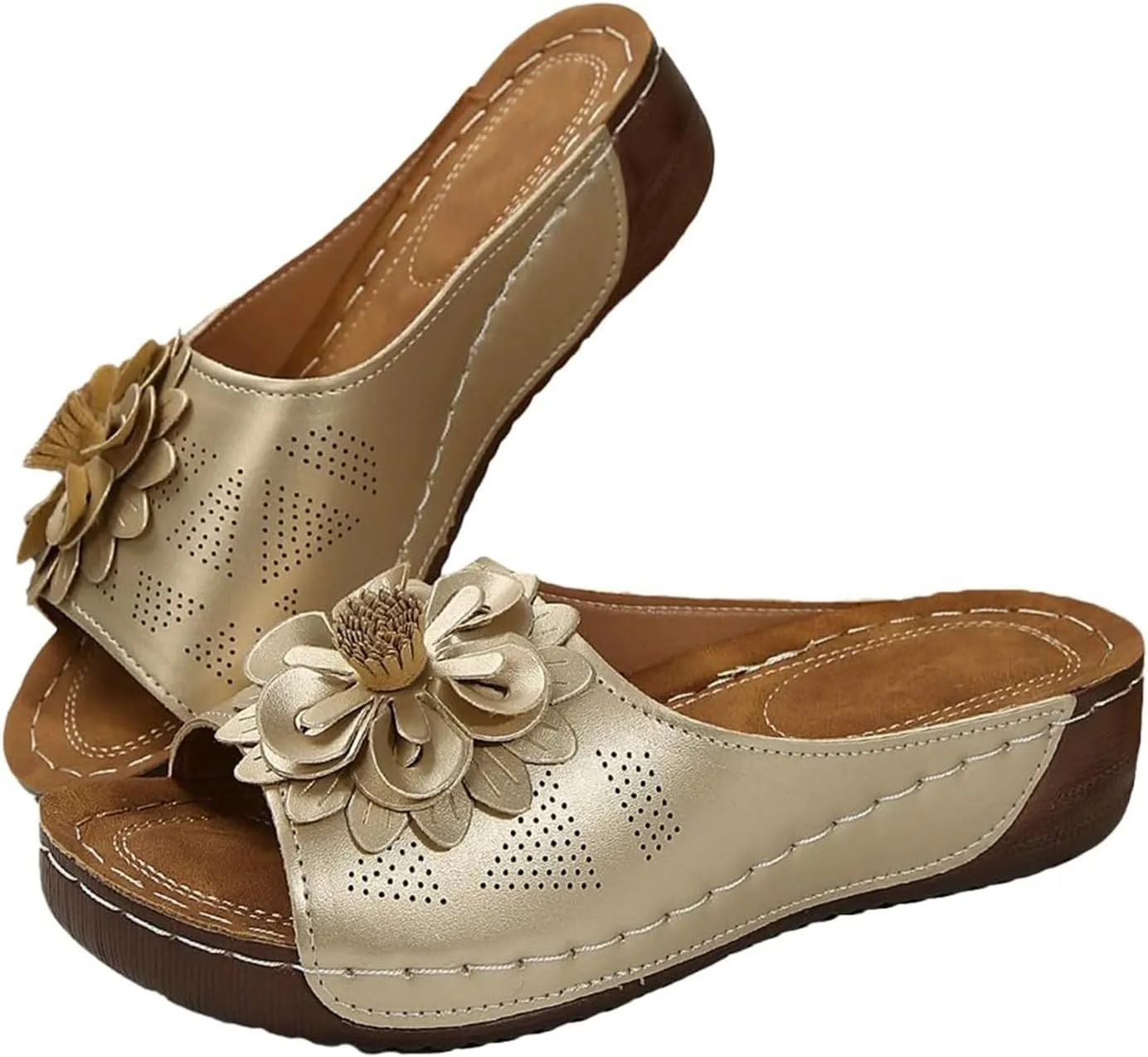 Chic Flowers Orthopedic Sandals for Women Arch Support Fish Mouth Open Toe Leather Slippers Wedge Platform Sandal