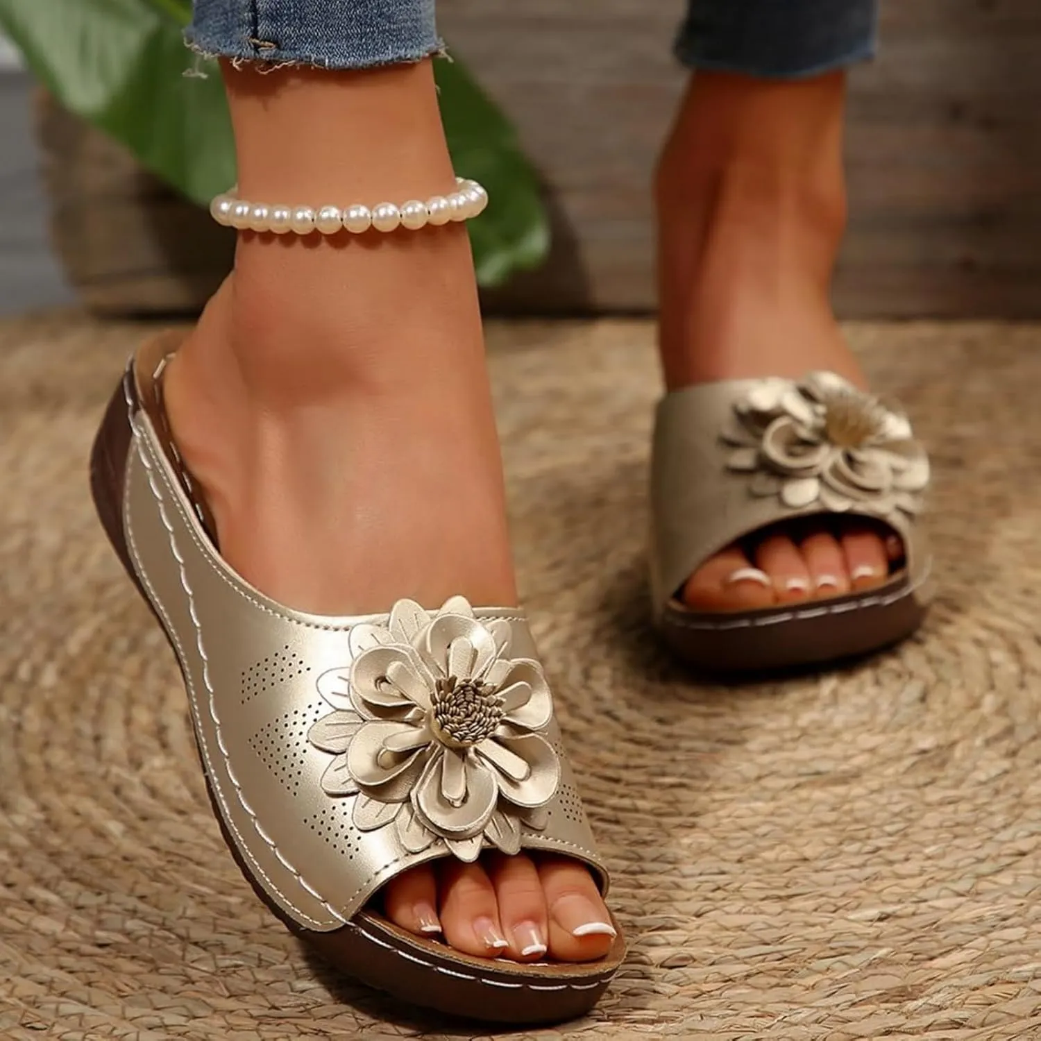 Chic Flowers Orthopedic Sandals for Women Arch Support Fish Mouth Open Toe Leather Slippers Wedge Platform Sandal