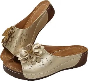 Chic Flowers Orthopedic Sandals for Women Arch Support Fish Mouth Open Toe Leather Slippers Wedge Platform Sandal