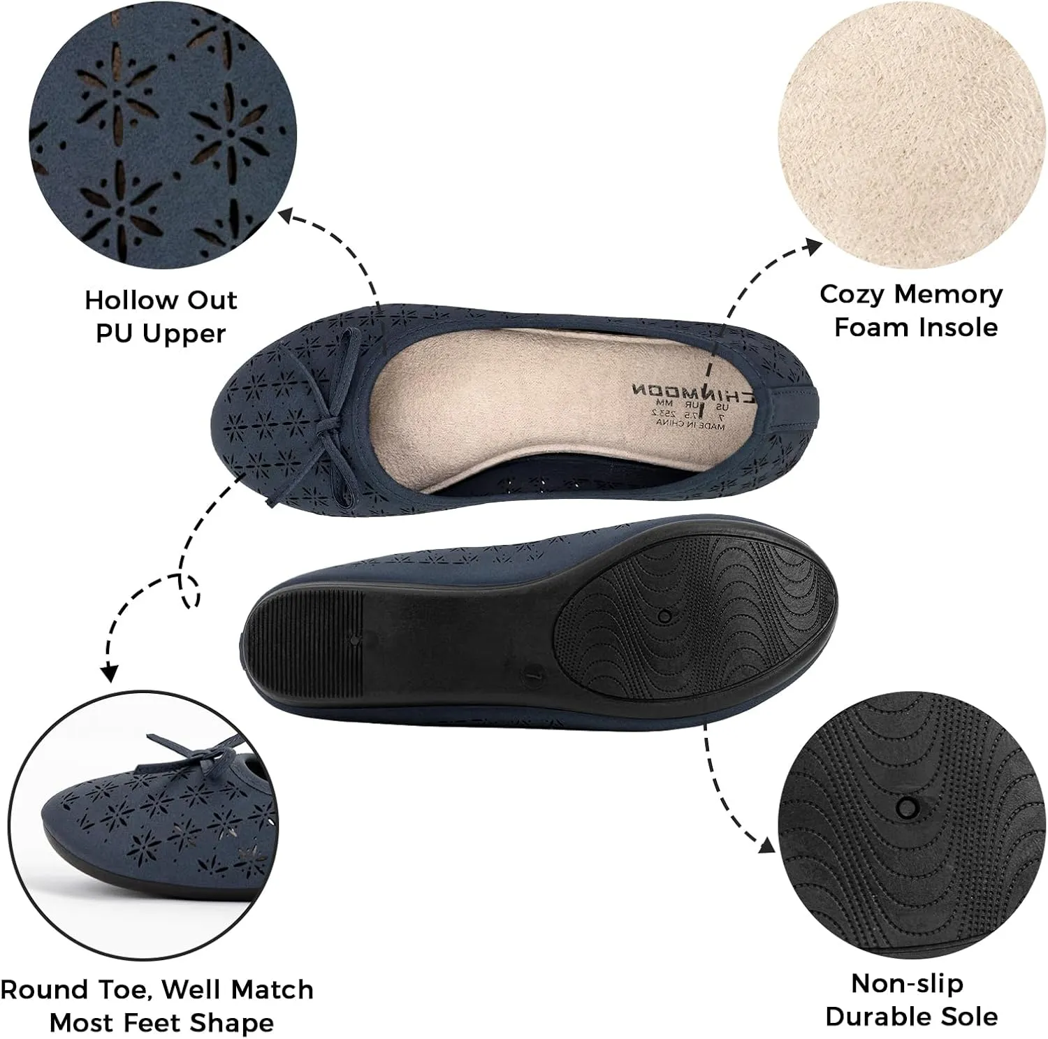 CHIN·MOON Women's Slip-Ons Ballet Flats Comfortable Lightweight Casual Dress Shoes