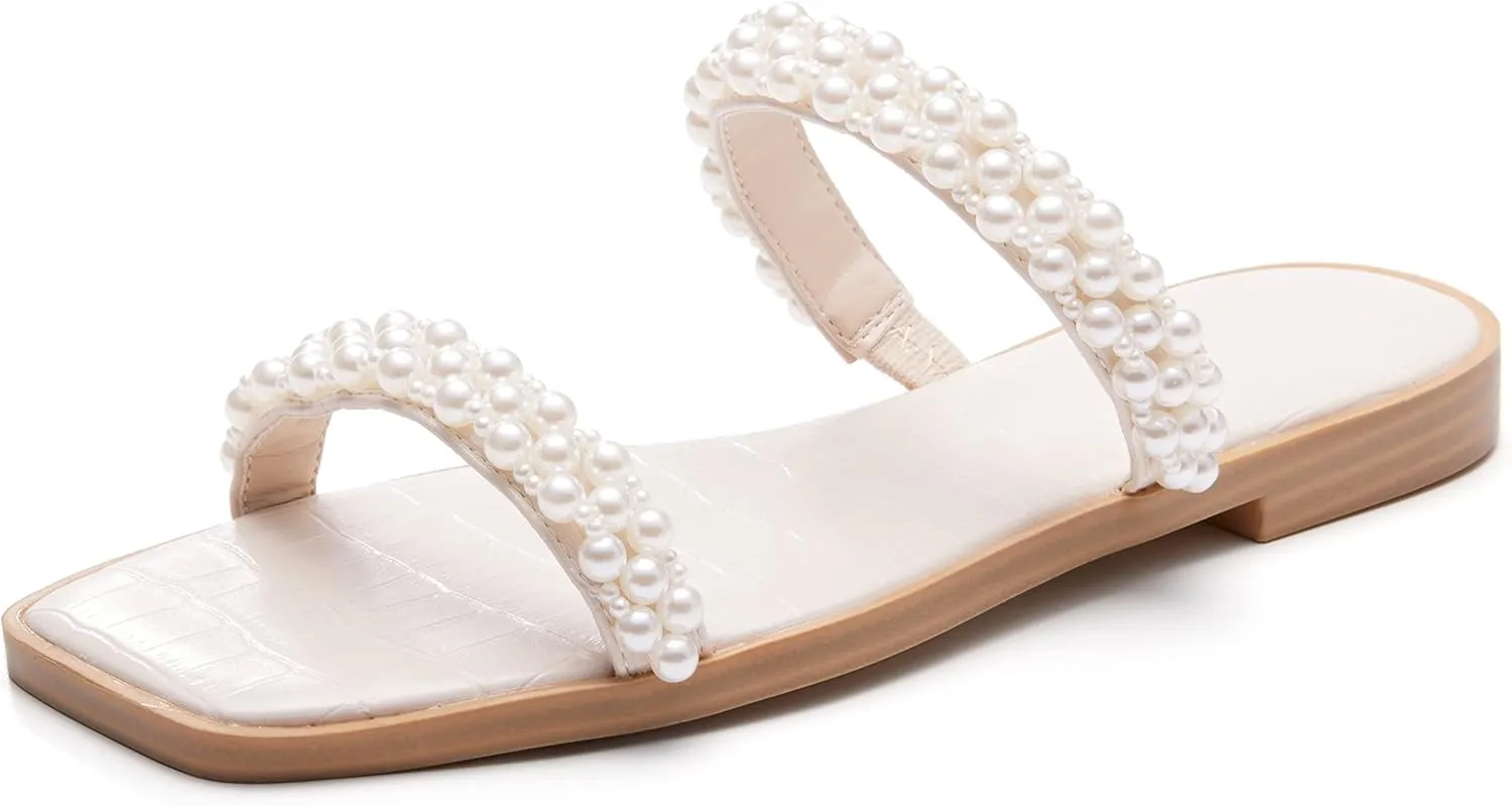 Coutgo Womens Flat Sandals Square Open Toe Pearl Two Strap Slip On Beach Slide Dressy Sandal