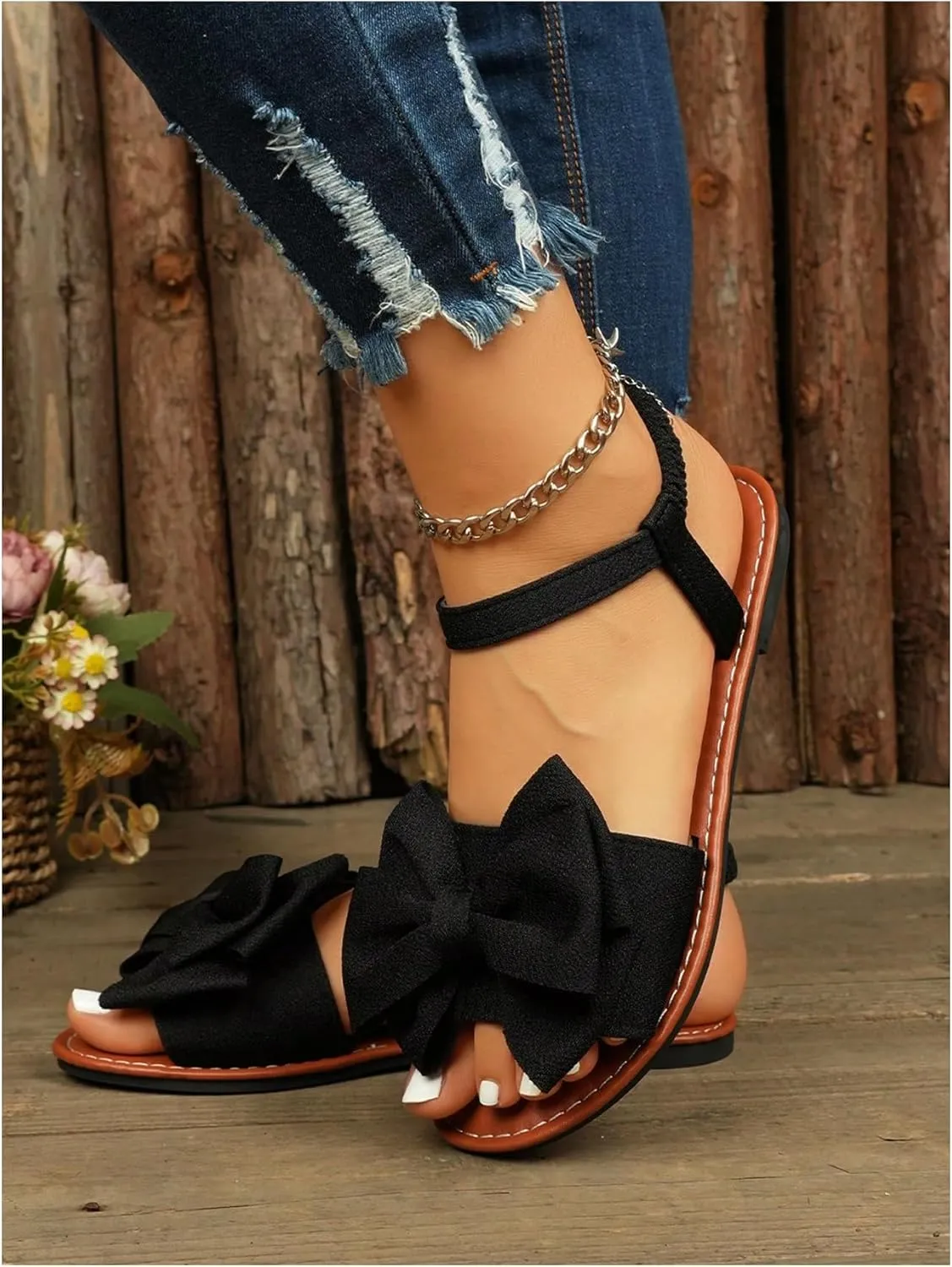 COZYEASE Women's Bow Knot Open Toe Flats Comfy Flat Sandals Summer Slip Ons