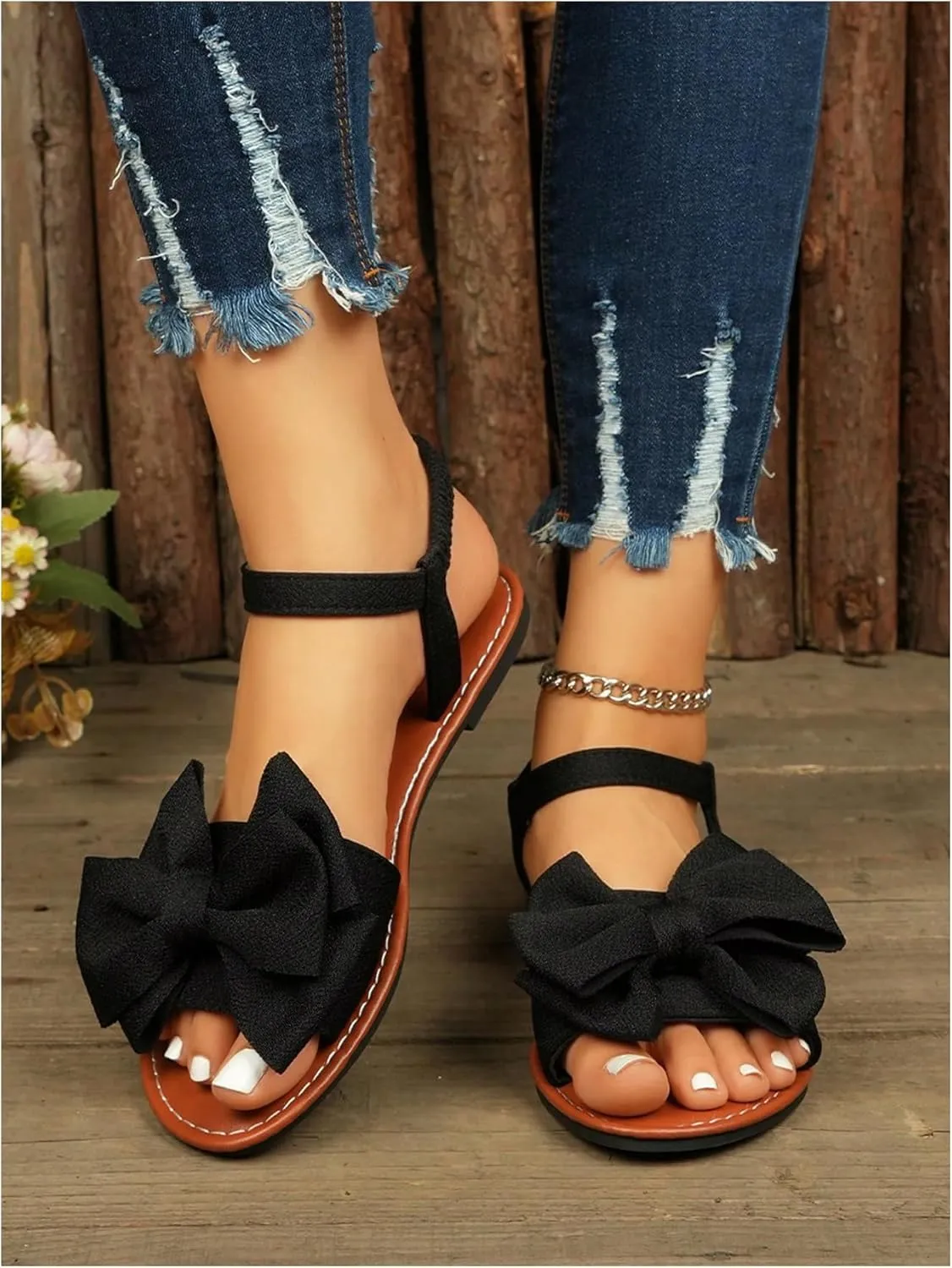 COZYEASE Women's Bow Knot Open Toe Flats Comfy Flat Sandals Summer Slip Ons
