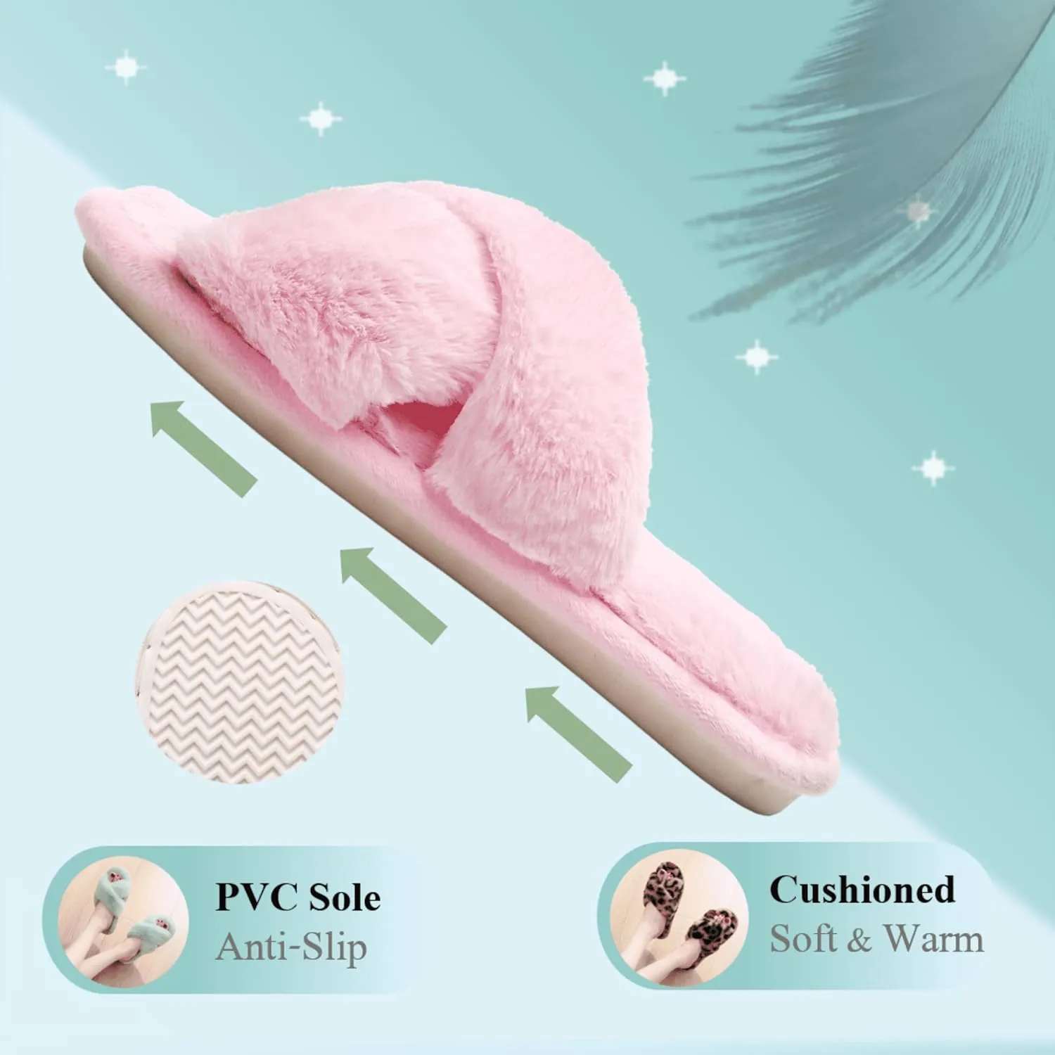 Crazy Lady Women's Fuzzy Fluffy Furry Fur Slippers Flip Flop Open Toe Cozy House Memory Foam Sandals Slides Soft Flat Comfy Anti-Slip Spa Indoor Outdoor Slip on