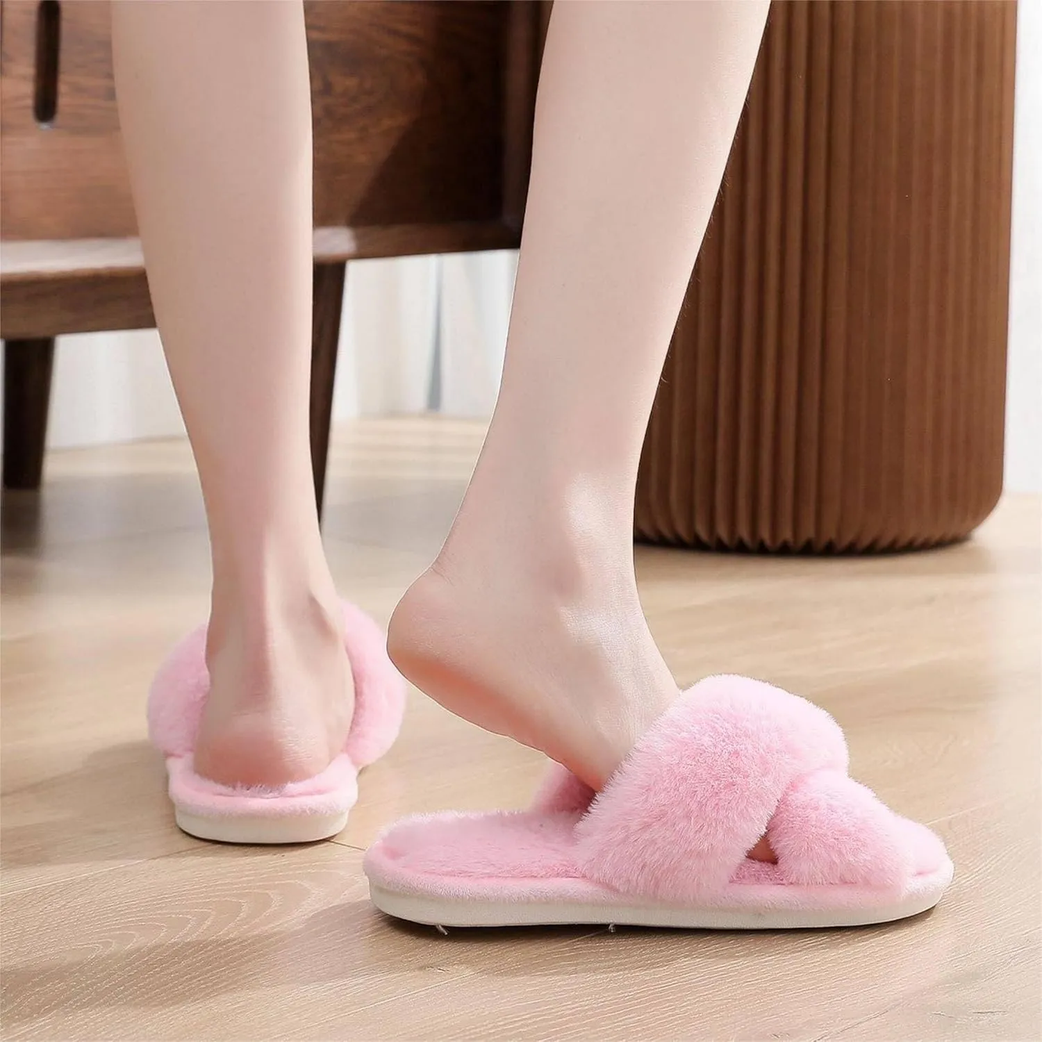Crazy Lady Women's Fuzzy Fluffy Furry Fur Slippers Flip Flop Open Toe Cozy House Memory Foam Sandals Slides Soft Flat Comfy Anti-Slip Spa Indoor Outdoor Slip on