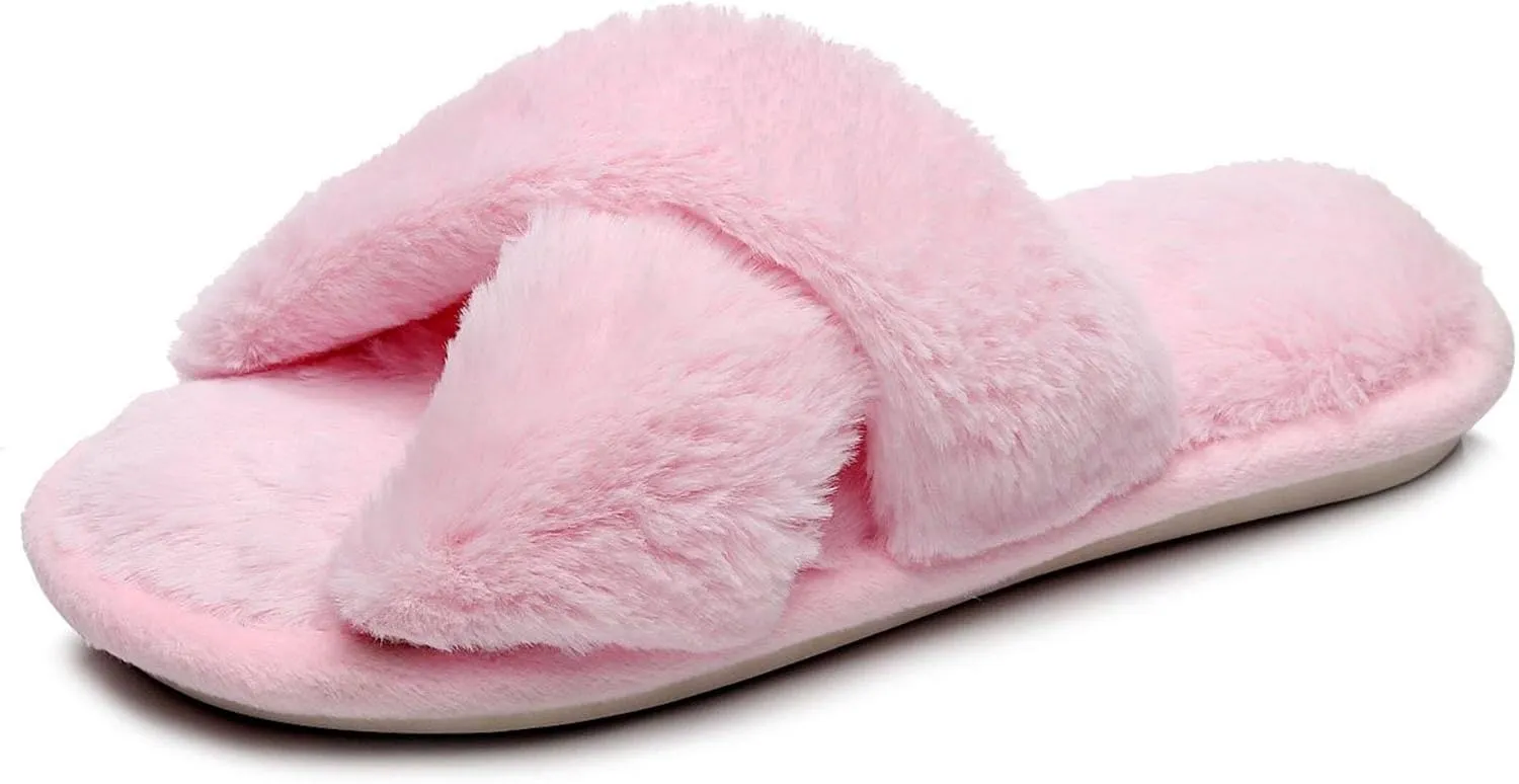 Crazy Lady Women's Fuzzy Fluffy Furry Fur Slippers Flip Flop Open Toe Cozy House Memory Foam Sandals Slides Soft Flat Comfy Anti-Slip Spa Indoor Outdoor Slip on