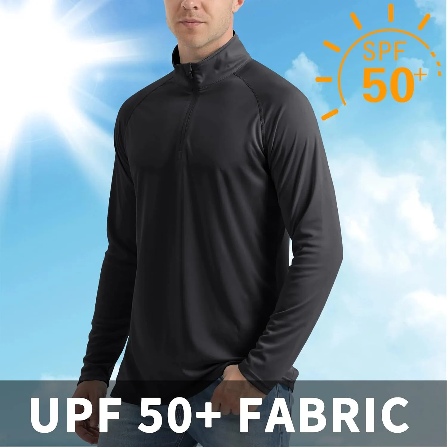 CRYSULLY Men's Long Sleeve 1/4 Zip Shirts Sun Protection Pullover UPF 50  Rash Guard Running Lightweight T Shirt