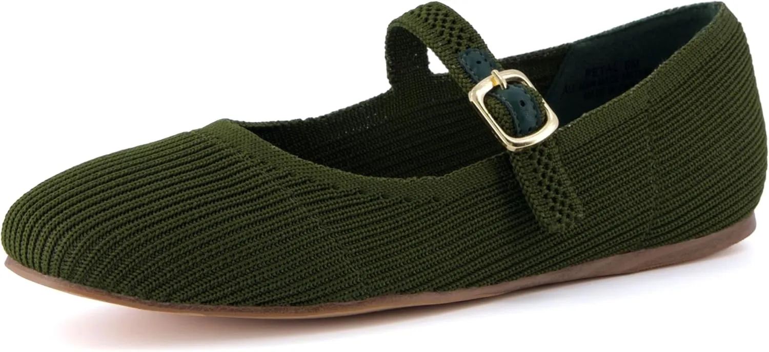 CUSHIONAIRE Women's Petal Mary Jane Knit Flat – Stretchy Textured Fabric, Adjustable Strap, Memory Foam, Available in Wide Widths, Comfortable & Lightweight