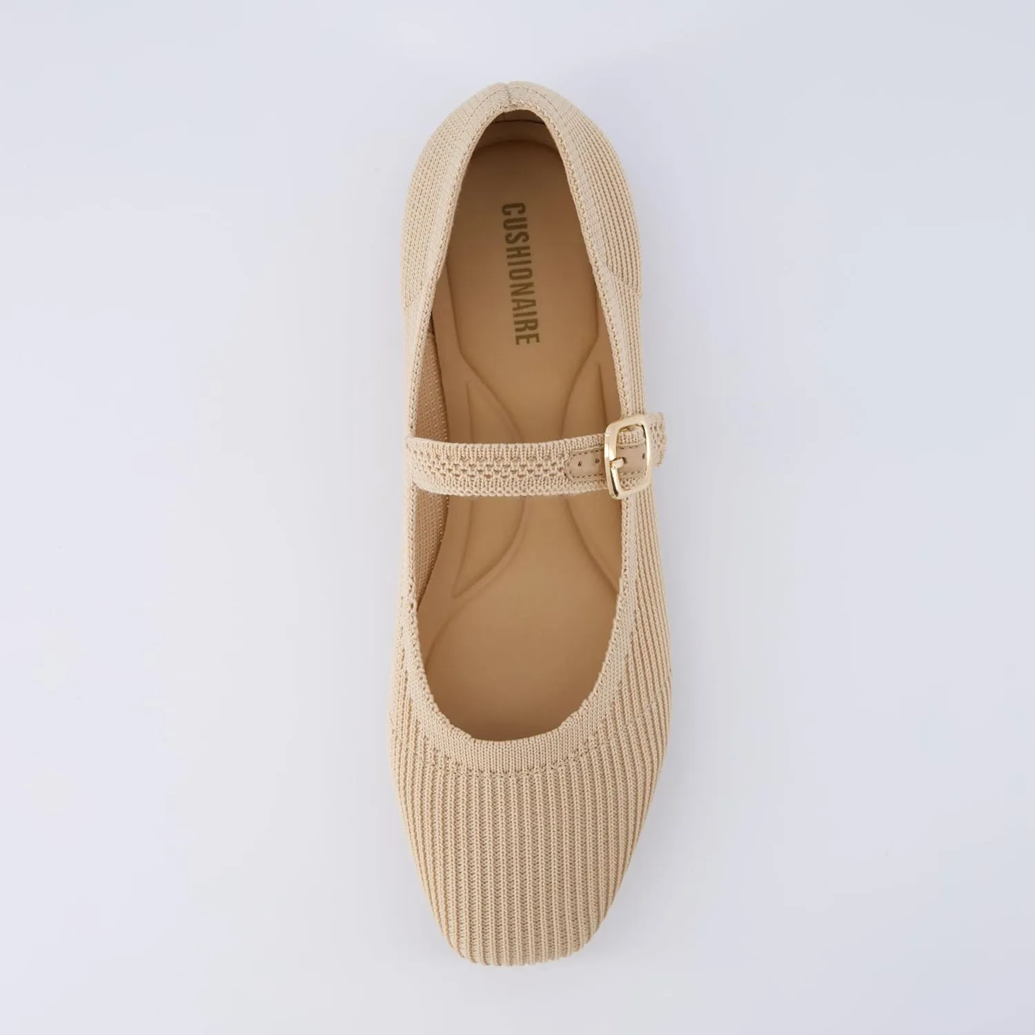 CUSHIONAIRE Women's Petal Mary Jane Knit Flat – Stretchy Textured Fabric, Adjustable Strap, Memory Foam, Available in Wide Widths, Comfortable & Lightweight