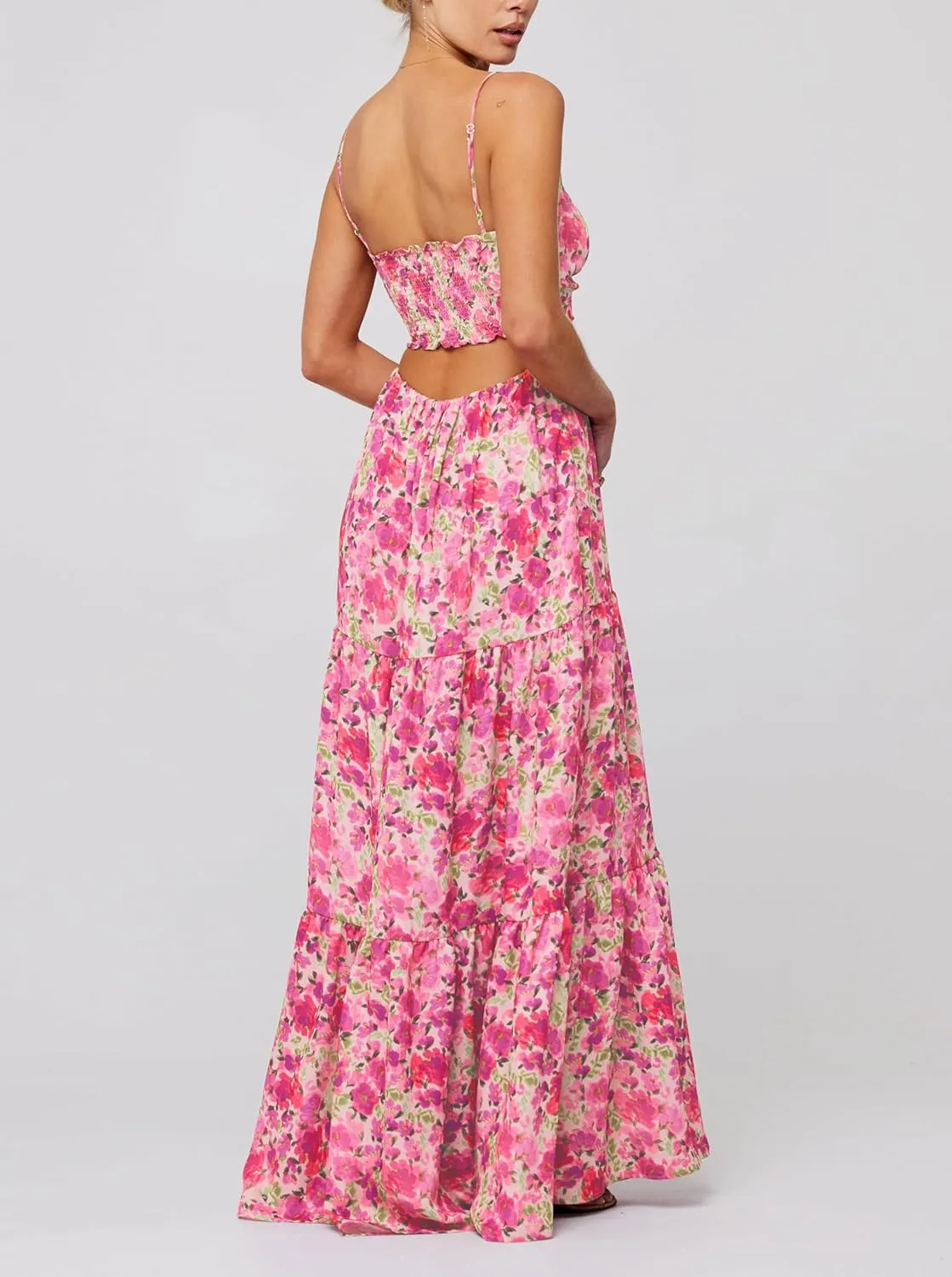 Cute Floral Long Sundresses for Women Boho Smocked Spaghetti Strap Dress Y2k Flowy Beach Ruffle Backless Maxi Dress