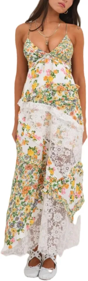 Cute Floral Long Sundresses for Women Boho Smocked Spaghetti Strap Dress Y2k Flowy Beach Ruffle Backless Maxi Dress