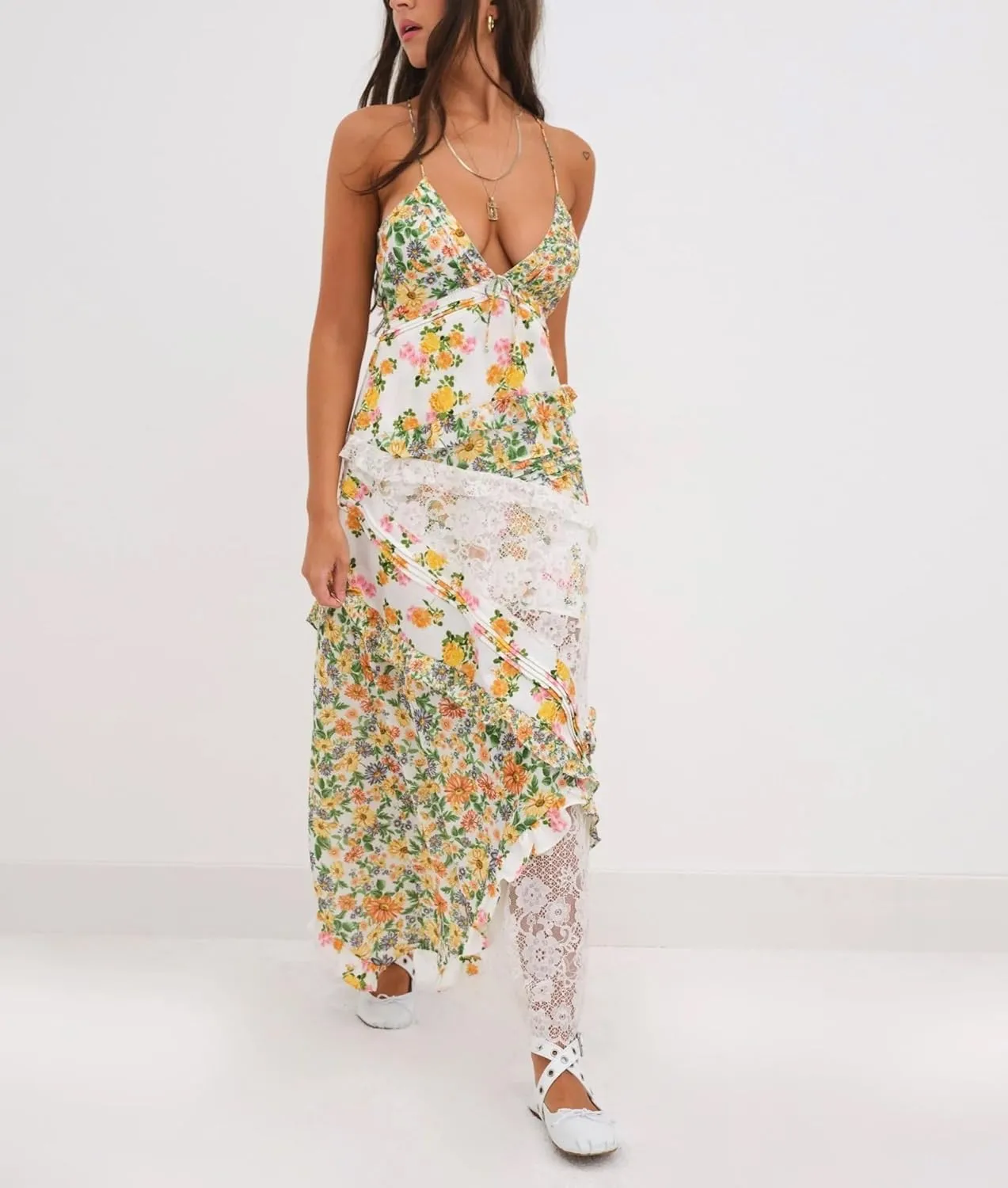 Cute Floral Long Sundresses for Women Boho Smocked Spaghetti Strap Dress Y2k Flowy Beach Ruffle Backless Maxi Dress