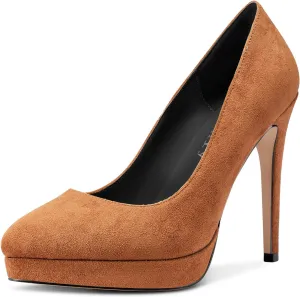 DearOnly Womens Platform Pumps Round Closed Toe Slip On Stiletto High Heel Suede Dress Shoes Bridal Wedding Office 5 Inch