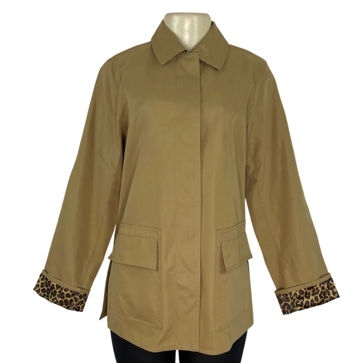 Dennis Basso Womens Tan Jacket With Leopard Print Lining Snap Button Sz XS