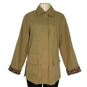 Dennis Basso Womens Tan Jacket With Leopard Print Lining Snap Button Sz XS