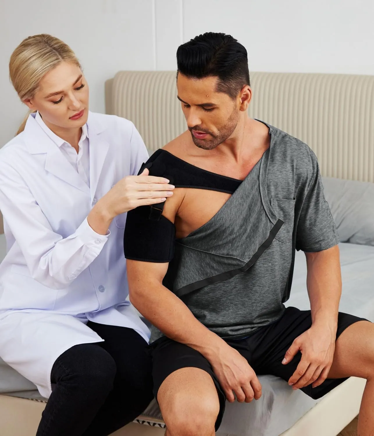 Deyeek Men's Post Shoulder Surgery Shirts Recovery Tear Away Short Sleeve Full Open Side Snap Adaptive Chemo Clothing