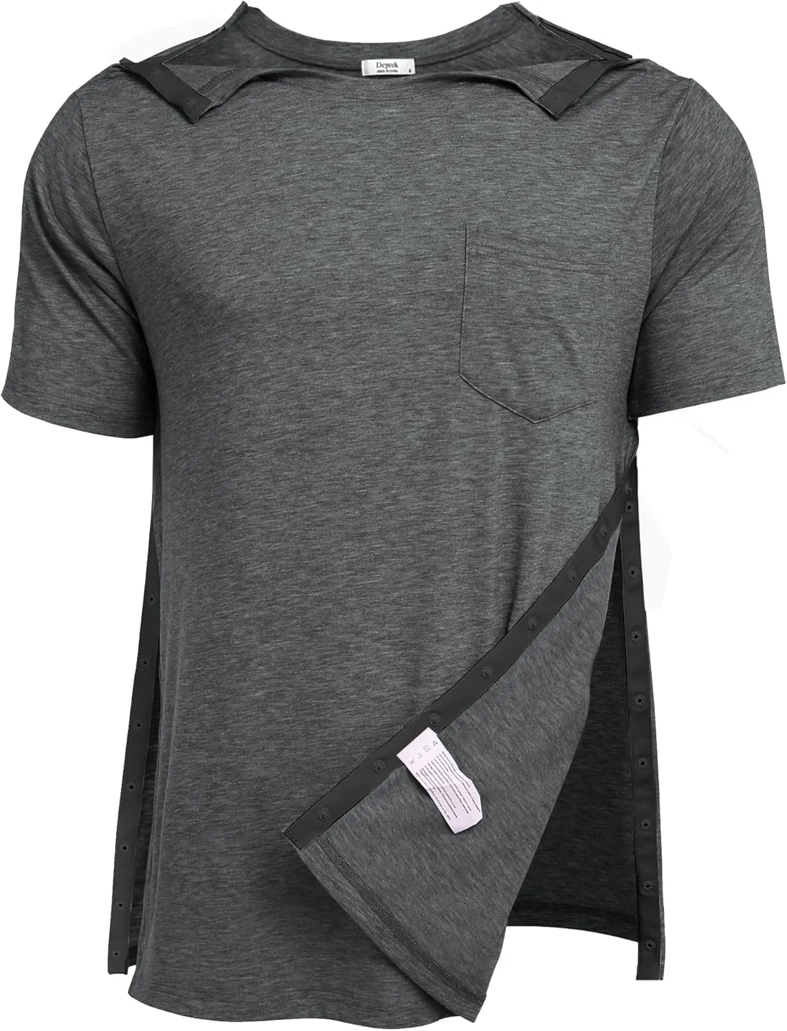 Deyeek Men's Post Shoulder Surgery Shirts Recovery Tear Away Short Sleeve Full Open Side Snap Adaptive Chemo Clothing