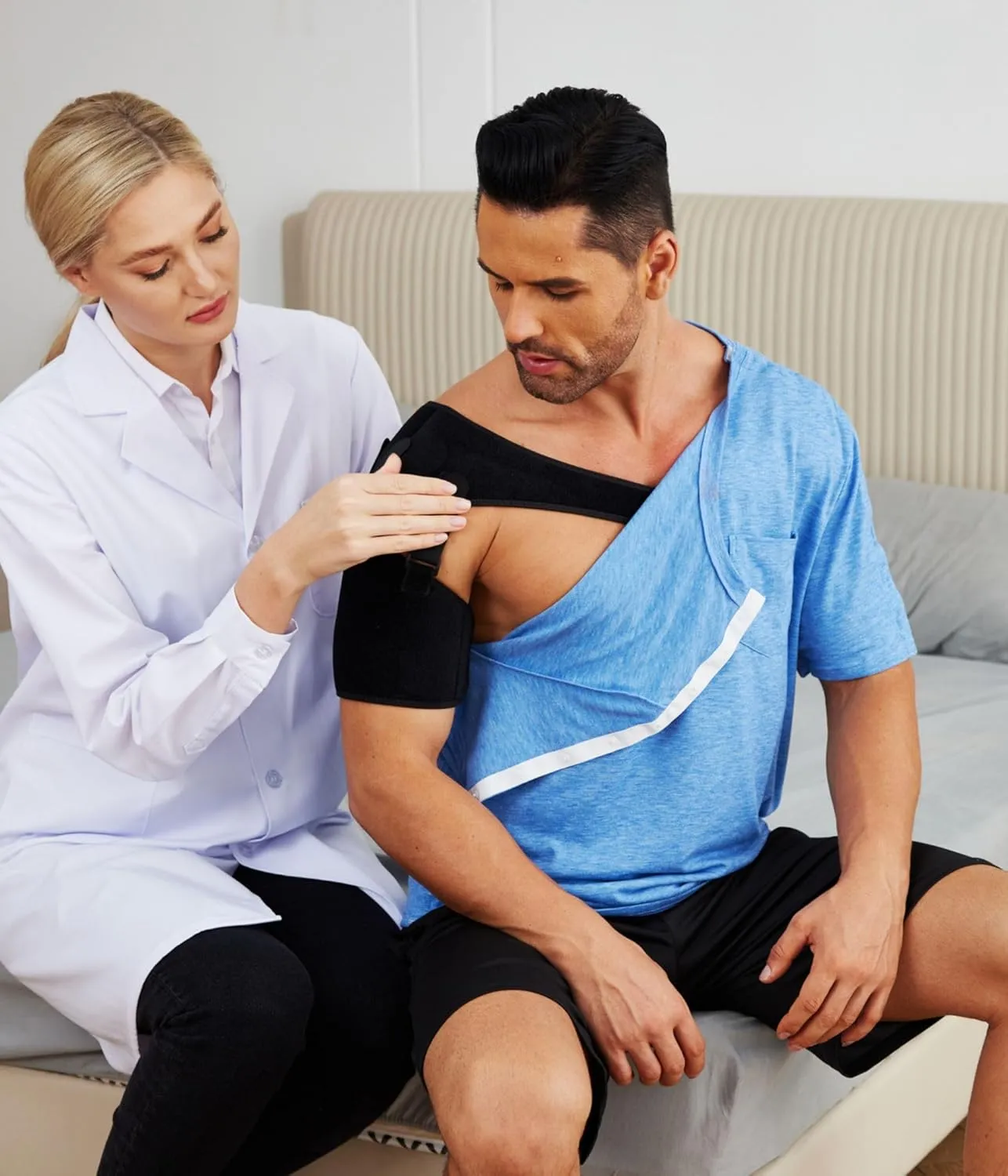 Deyeek Men's Post Shoulder Surgery Shirts Recovery Tear Away Short Sleeve Full Open Side Snap Adaptive Chemo Clothing