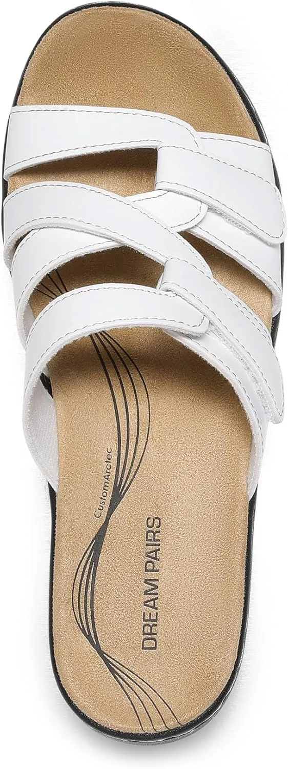 DREAM PAIRS Women's Arch Support Slide Sandals Adjustable Straps Slip On Wedge Sandals Casual Comfort Lightweight Flat Slides