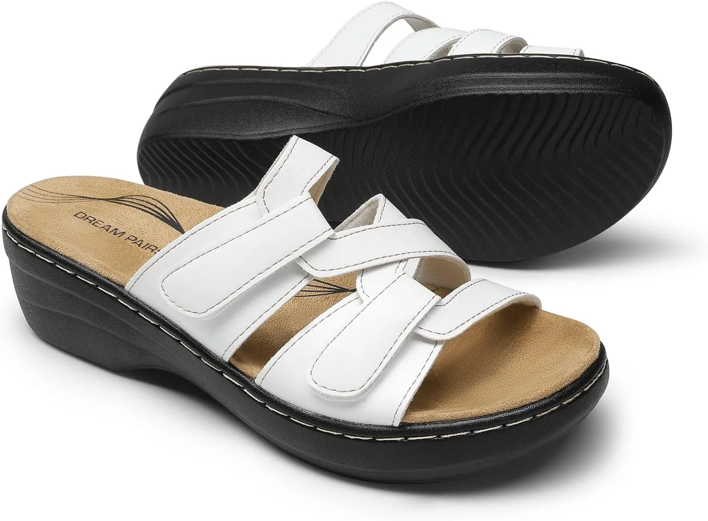 DREAM PAIRS Women's Arch Support Slide Sandals Adjustable Straps Slip On Wedge Sandals Casual Comfort Lightweight Flat Slides