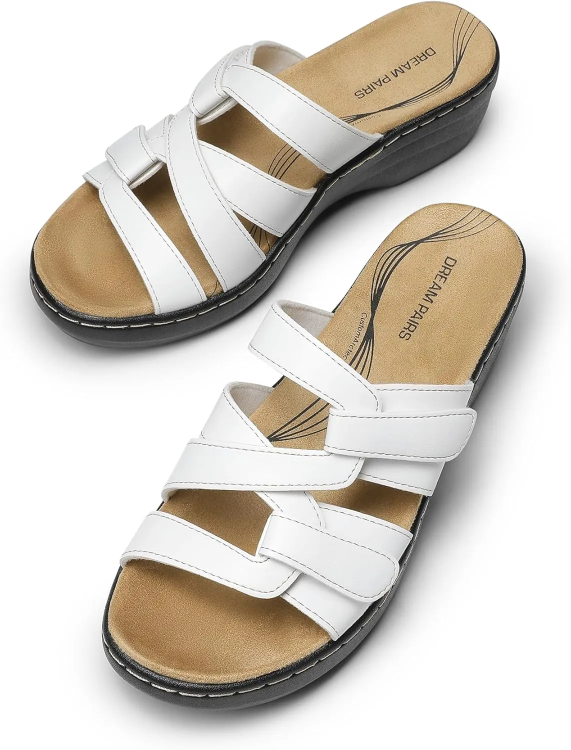 DREAM PAIRS Women's Arch Support Slide Sandals Adjustable Straps Slip On Wedge Sandals Casual Comfort Lightweight Flat Slides