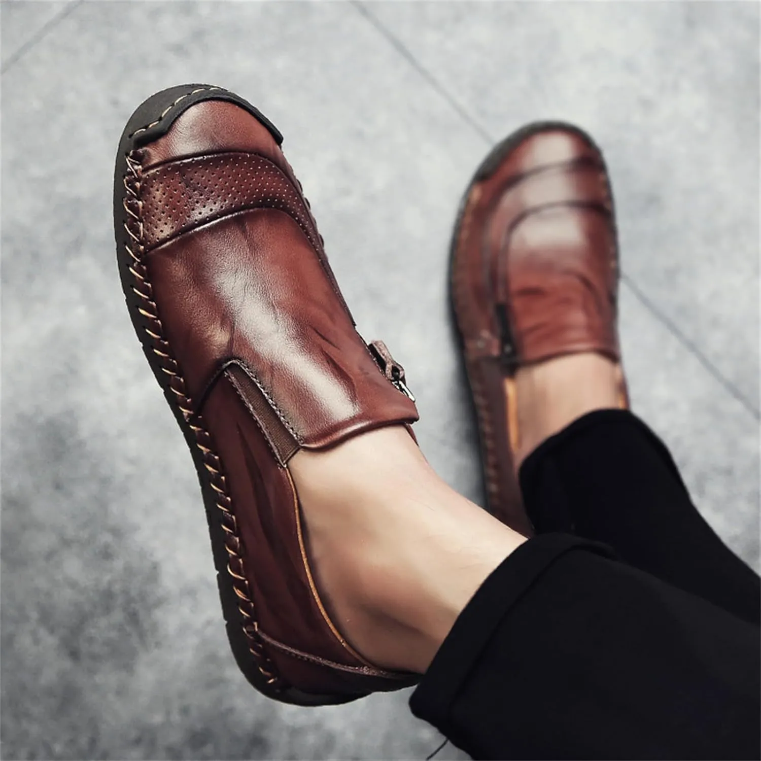 Dress Shoes for Men Lightweight Oxfords Zipper Slip on Flat Loafers Driving Shoes Vintage Walking Casual Boat Shoes