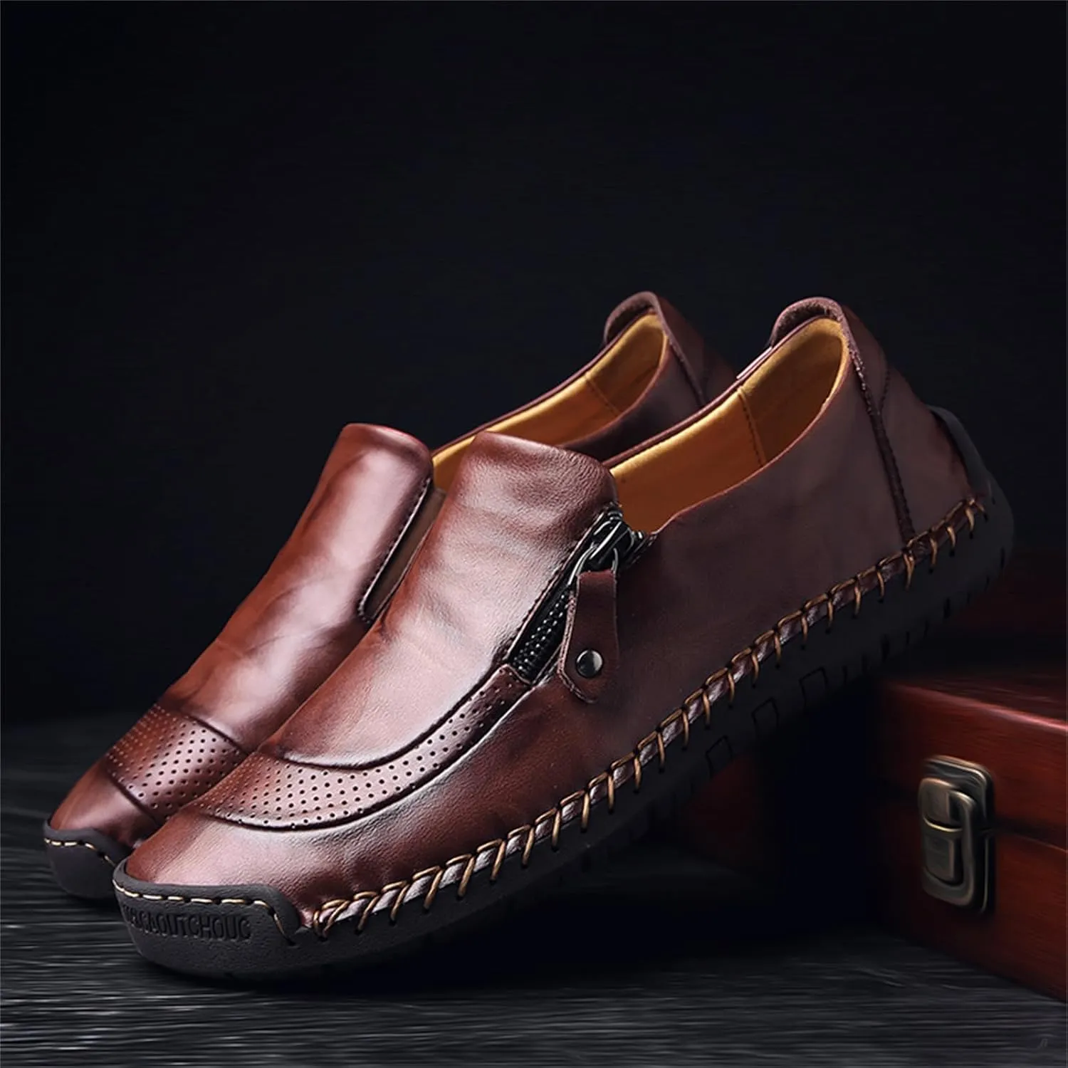 Dress Shoes for Men Lightweight Oxfords Zipper Slip on Flat Loafers Driving Shoes Vintage Walking Casual Boat Shoes