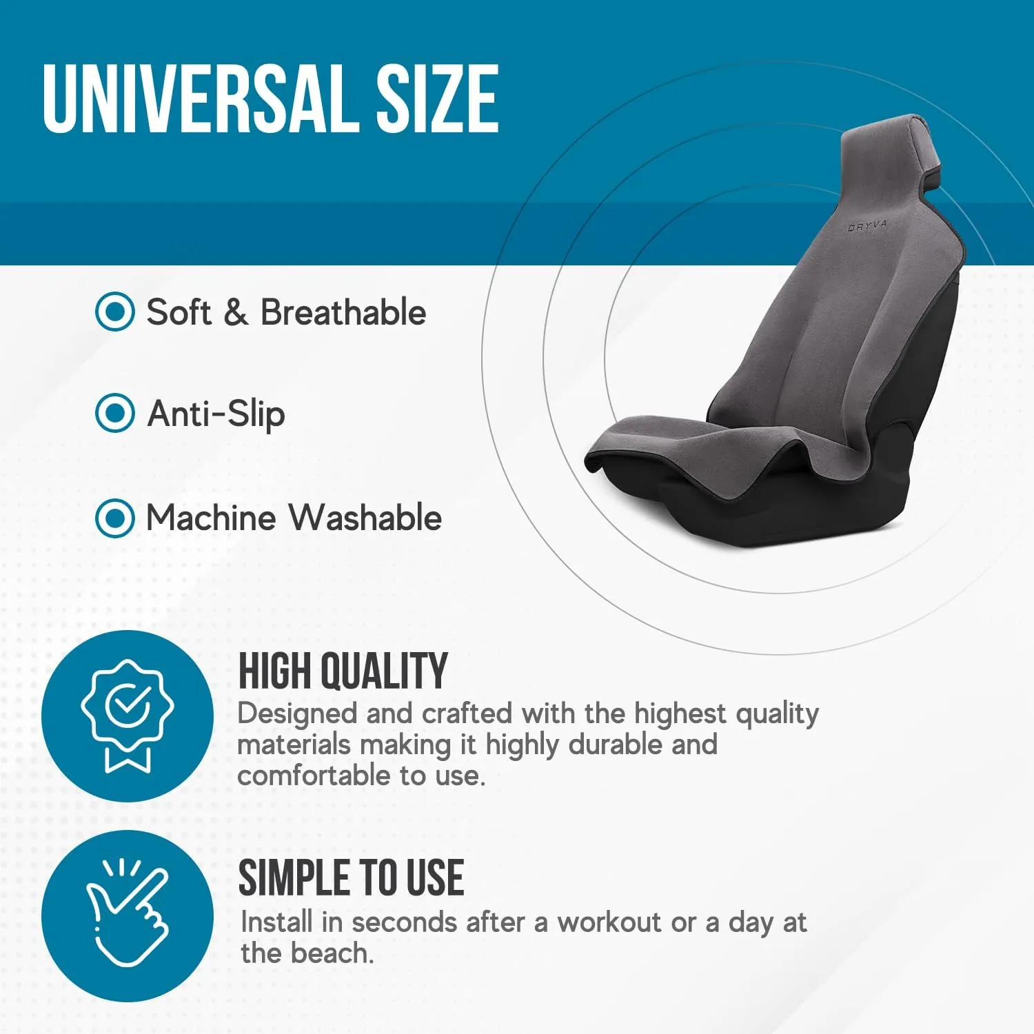 DryvaSeat - Premium Microfiber Towel Car Seat Cover - Waterproof & Sweatproof - Universal Fit, Machine Washable, Non-Slip - Seat Protector for Car, Truck, SUV, Van (Gray, 2 Pack)