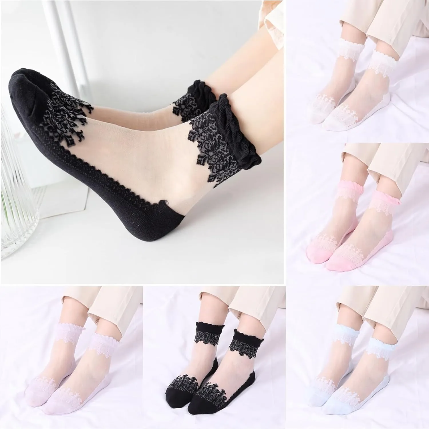 DXYAKY 5 Pairs Women Sheer Mesh Lace Socks - Summer Thin, See Through, Vintage Floral Designs