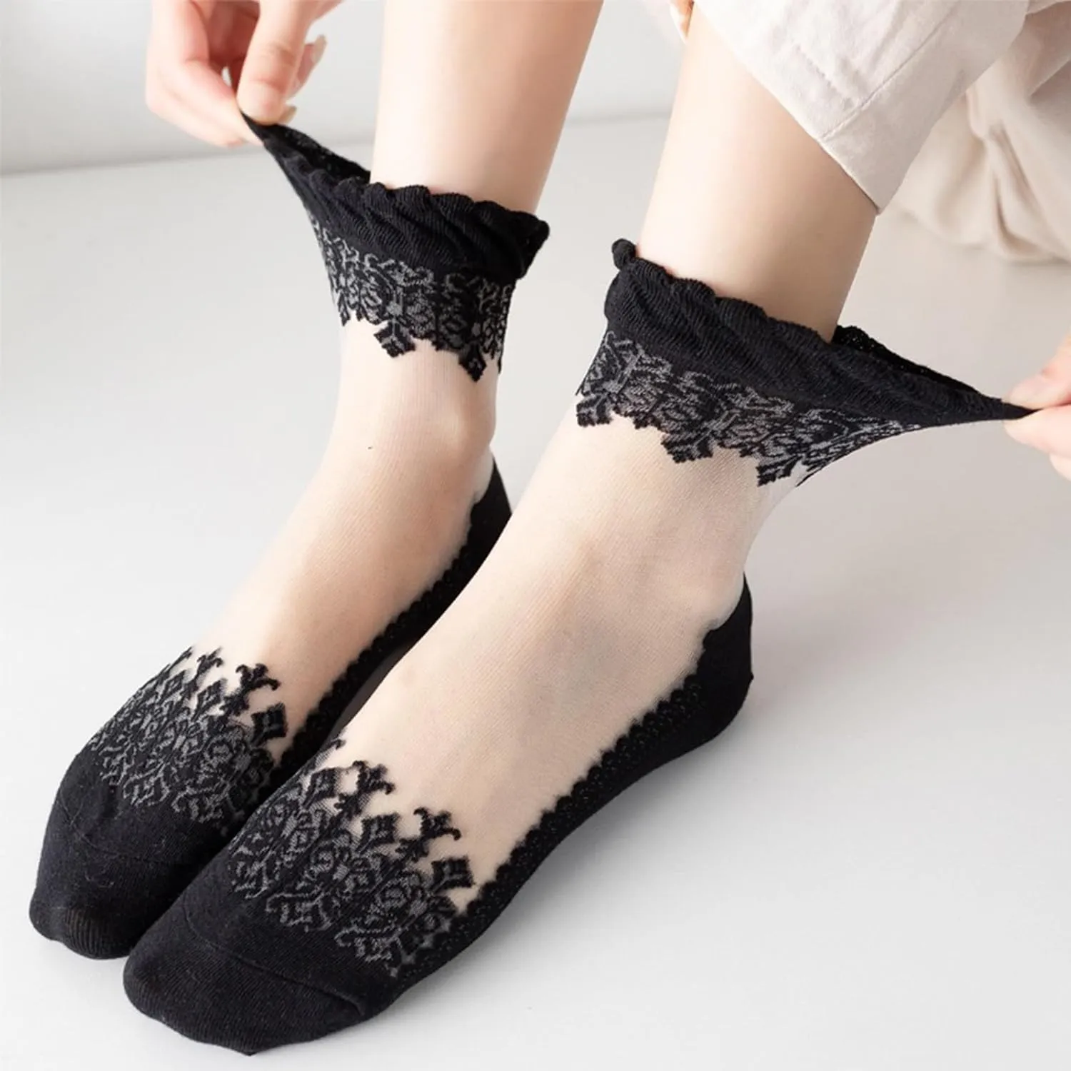 DXYAKY 5 Pairs Women Sheer Mesh Lace Socks - Summer Thin, See Through, Vintage Floral Designs