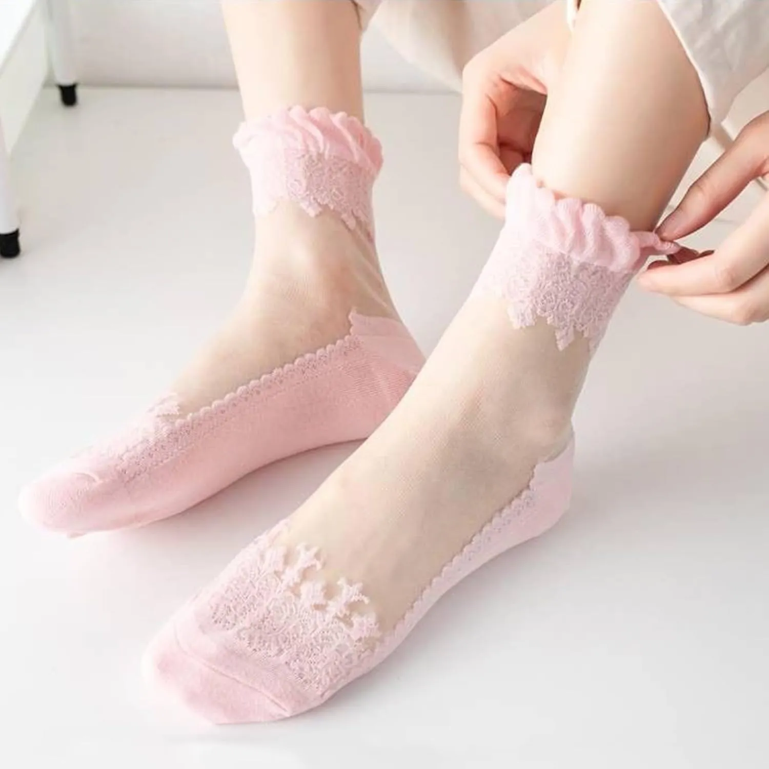 DXYAKY 5 Pairs Women Sheer Mesh Lace Socks - Summer Thin, See Through, Vintage Floral Designs