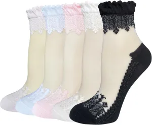 DXYAKY 5 Pairs Women Sheer Mesh Lace Socks - Summer Thin, See Through, Vintage Floral Designs