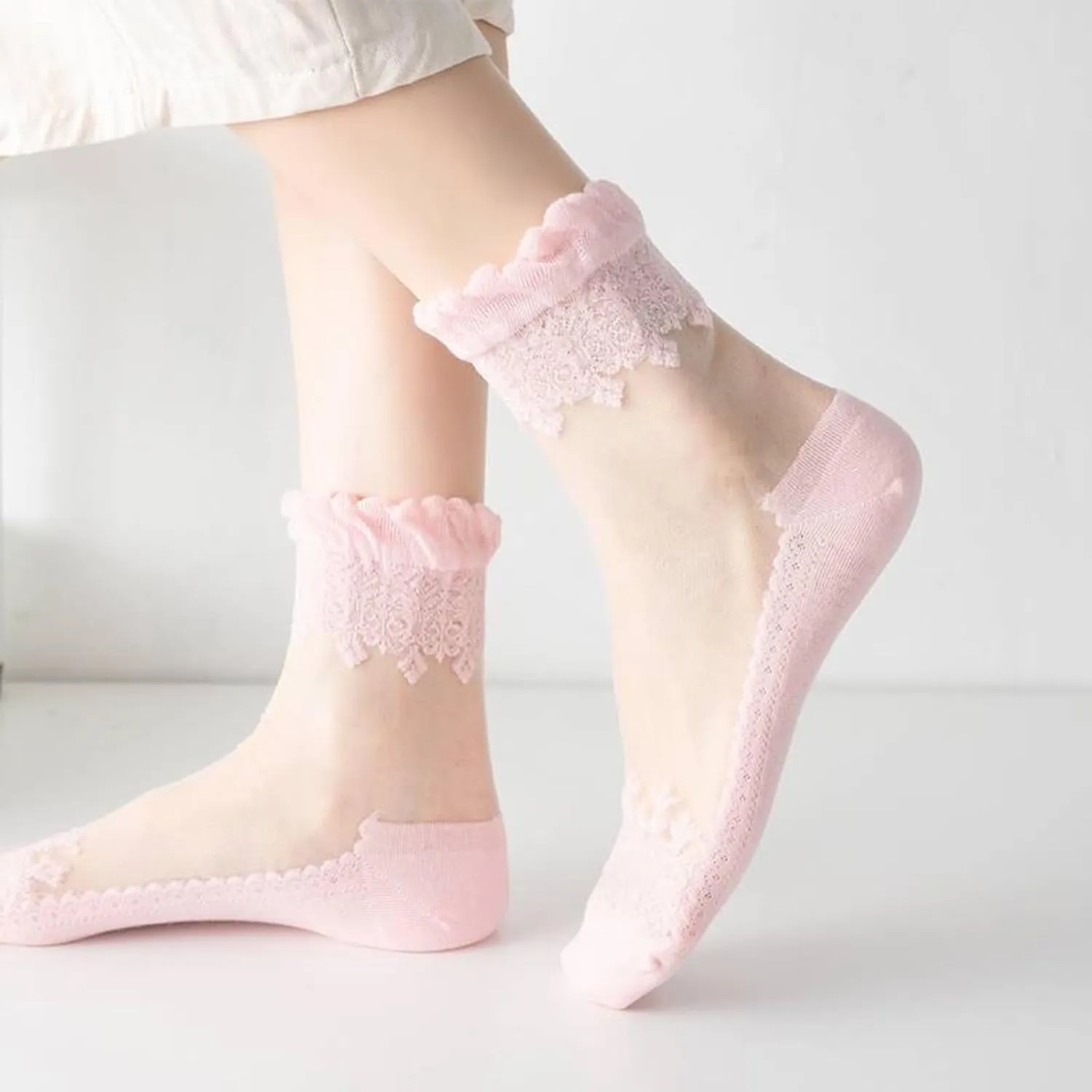 DXYAKY 5 Pairs Women Sheer Mesh Lace Socks - Summer Thin, See Through, Vintage Floral Designs