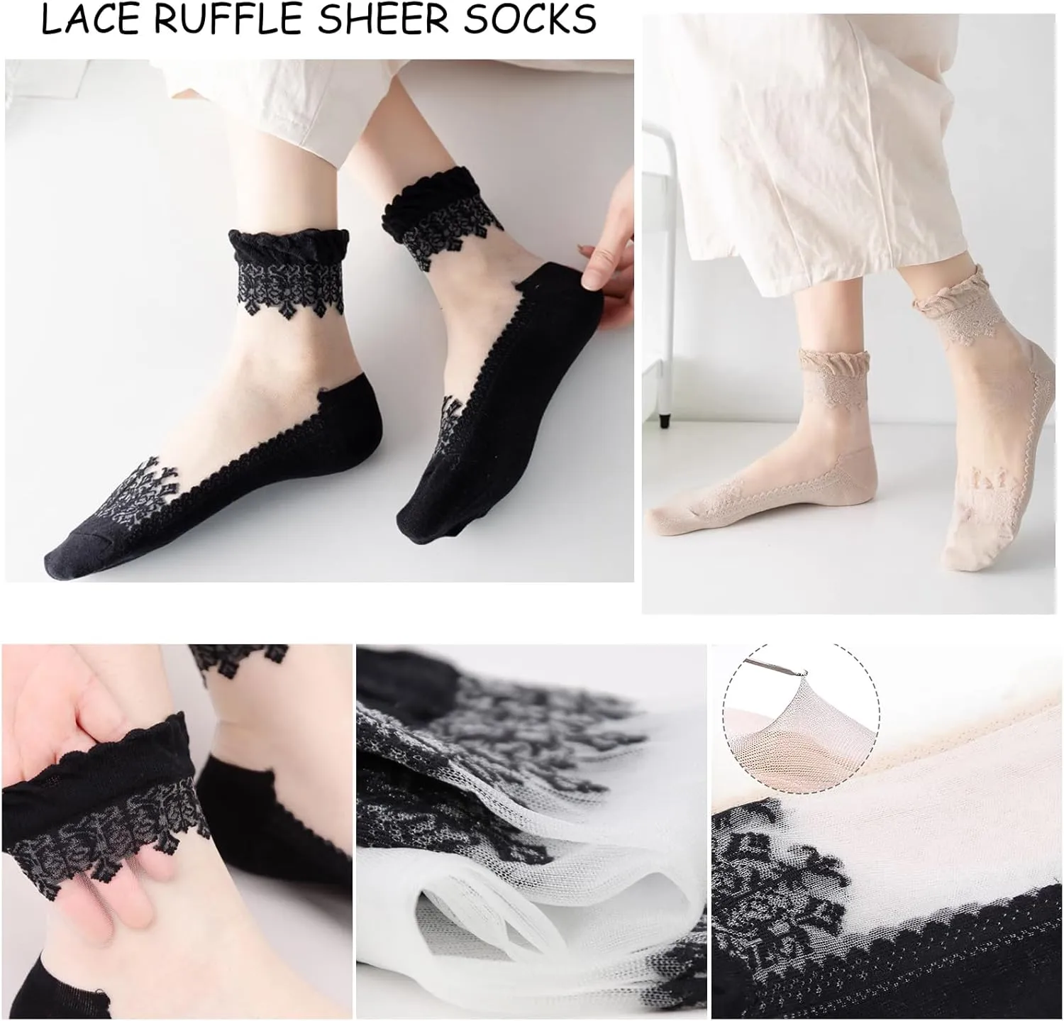 DXYAKY 5 Pairs Women Sheer Mesh Lace Socks - Summer Thin, See Through, Vintage Floral Designs