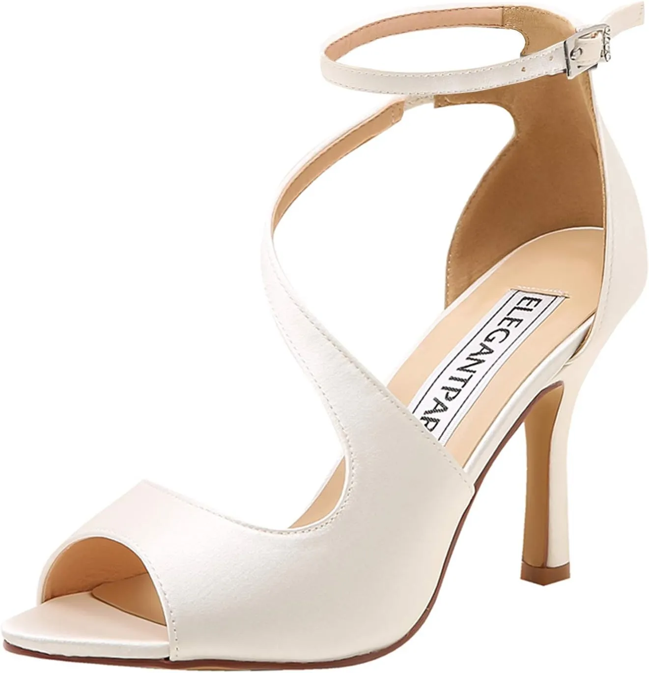 ELEGANTPARK High Heel Sandals for Women Peep Toe Ankle Straps Sandals Buckle Satin Evening Party Prom Wedding Bridal Shoes