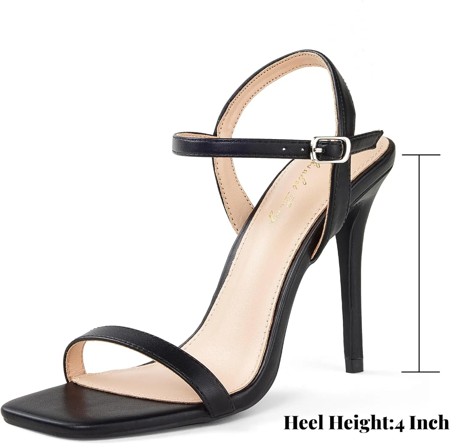 Elisabet Tang Women's High Heeled Sandals 4 Inch Strappy Sling Back Stiletto Open Square Toe Heels with Ankle Straps at Wedding Party Prom Work Dating