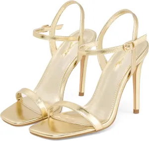 Elisabet Tang Women's High Heeled Sandals 4 Inch Strappy Sling Back Stiletto Open Square Toe Heels with Ankle Straps at Wedding Party Prom Work Dating