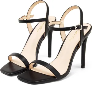 Elisabet Tang Women's High Heeled Sandals 4 Inch Strappy Sling Back Stiletto Open Square Toe Heels with Ankle Straps at Wedding Party Prom Work Dating