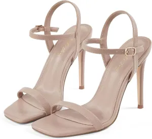 Elisabet Tang Women's High Heeled Sandals 4 Inch Strappy Sling Back Stiletto Open Square Toe Heels with Ankle Straps at Wedding Party Prom Work Dating