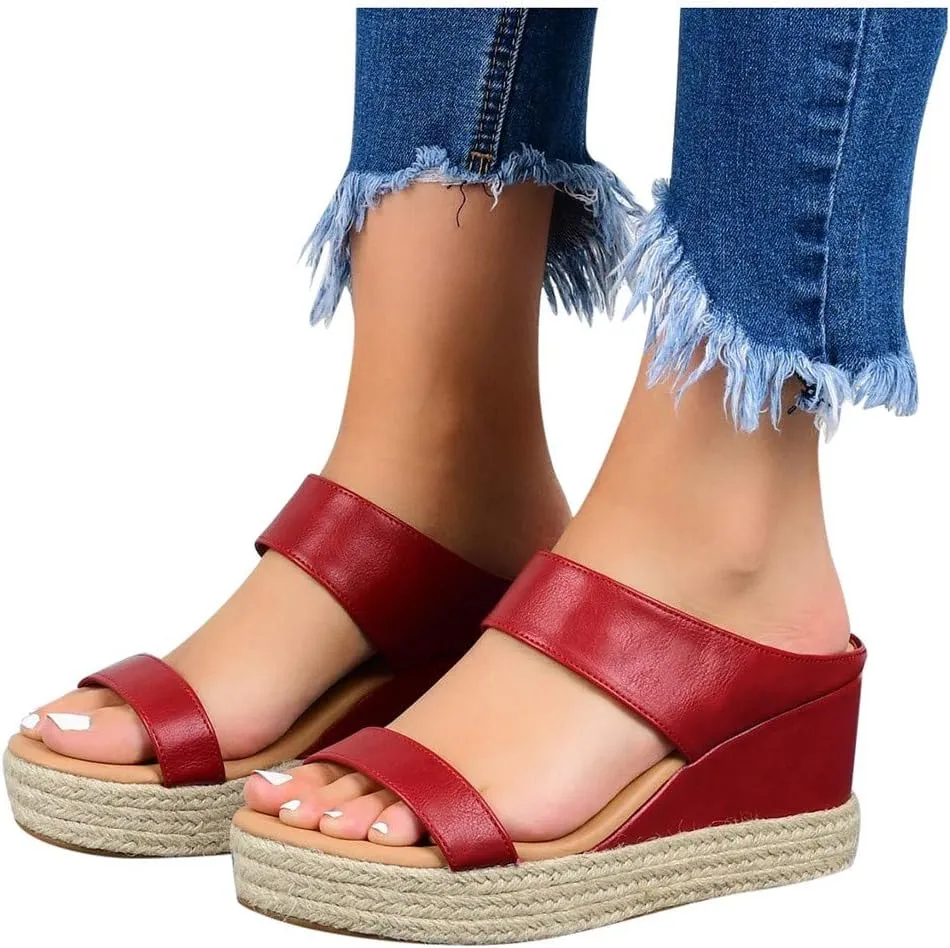 EMRELOD Platform Slip on Espadrille Sandals for Women Wedges Slides Bohemia Sandals Flatform Open Toe Beach Sandals (Red, 7)