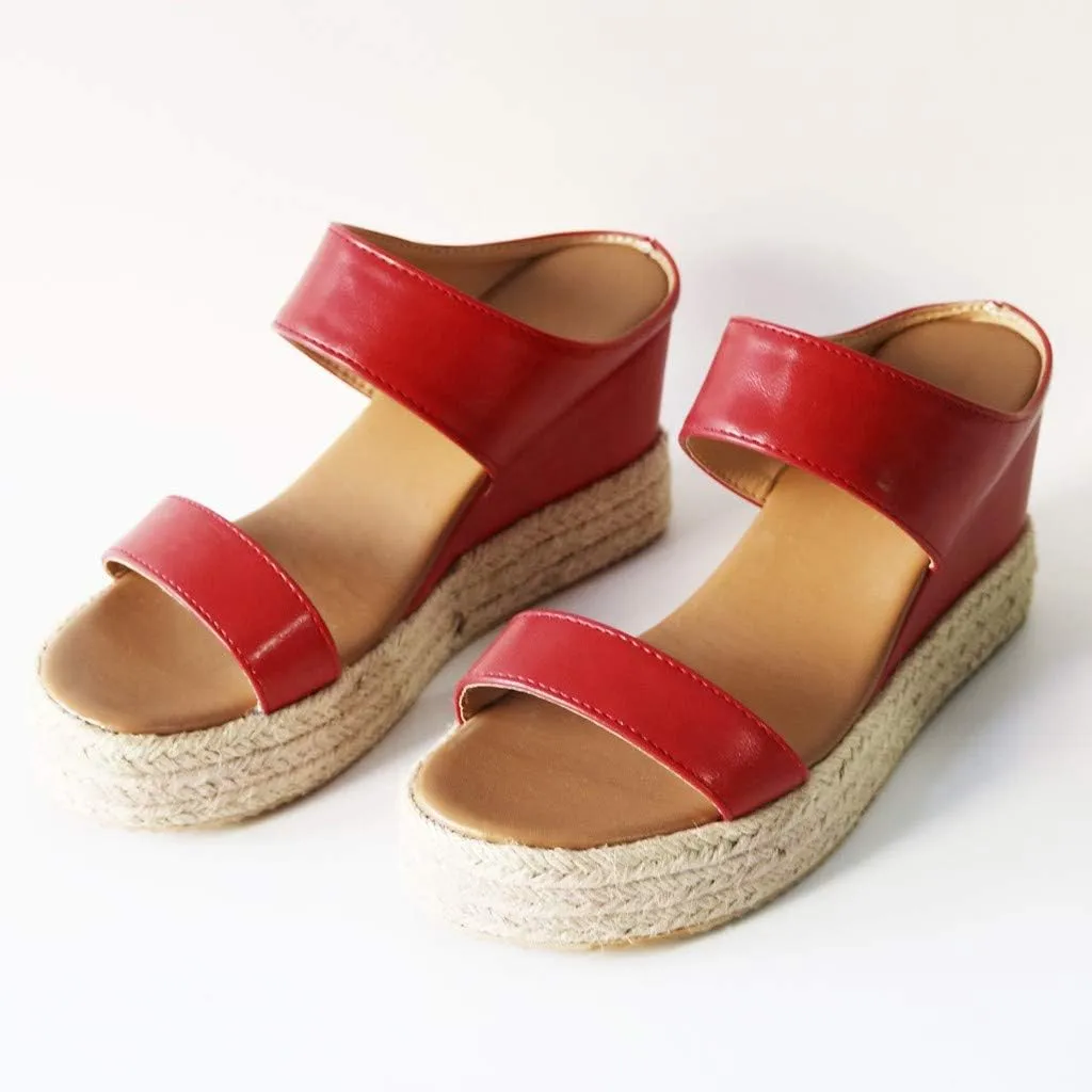 EMRELOD Platform Slip on Espadrille Sandals for Women Wedges Slides Bohemia Sandals Flatform Open Toe Beach Sandals (Red, 7)